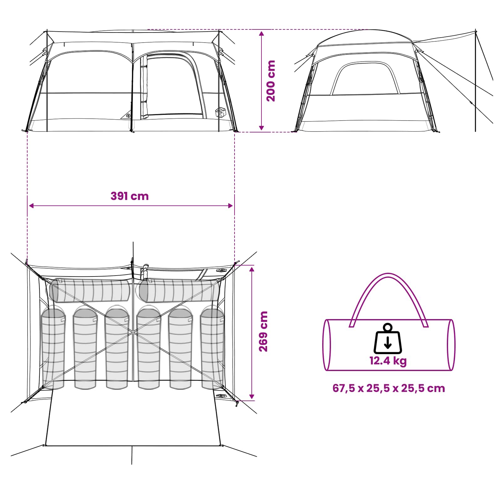 Obiteljski šator s krovom Plava 380 x 260 x 190 cm Poliester