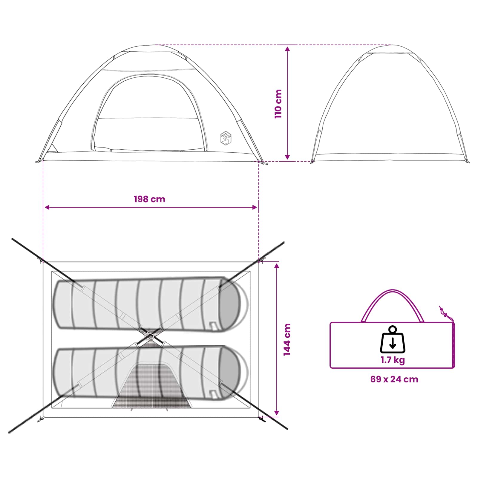 Kamping šator s krovom Plava 190 x 140 x 105 cm