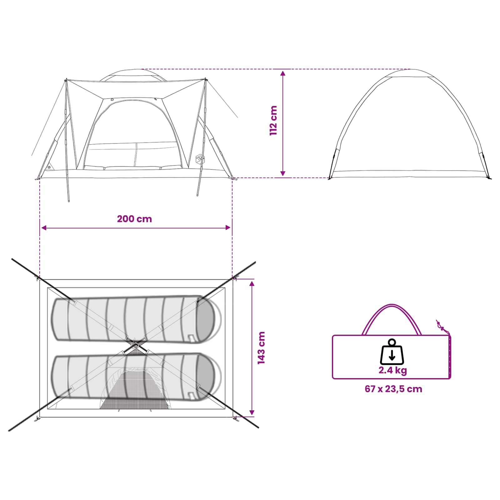 Kamping šator s krovom Bijeli Blackout 190 x 140 x 105 cm
