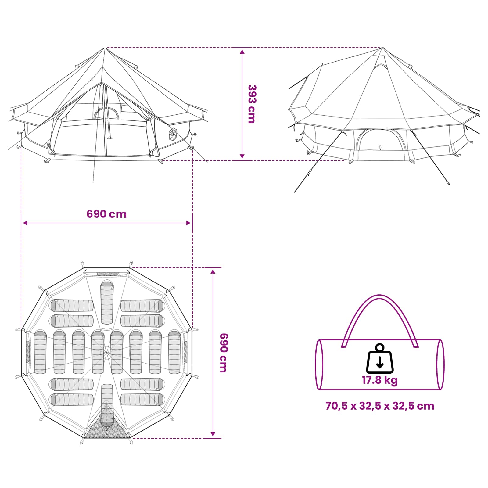 Tipi šator s krovom Zelena 700 x 700 x 395 cm Poliester i čelik