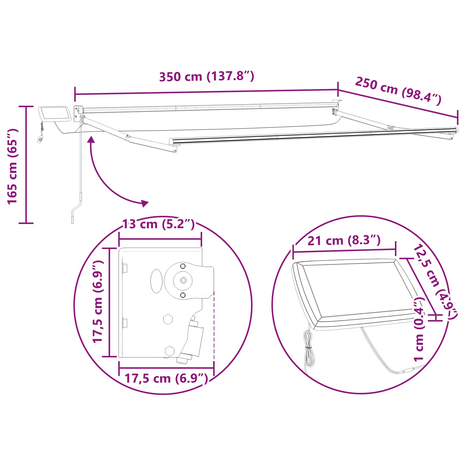 Ručna zlačivna tenda s LED diodama Crna i bijela 3,5 x 2,5 m