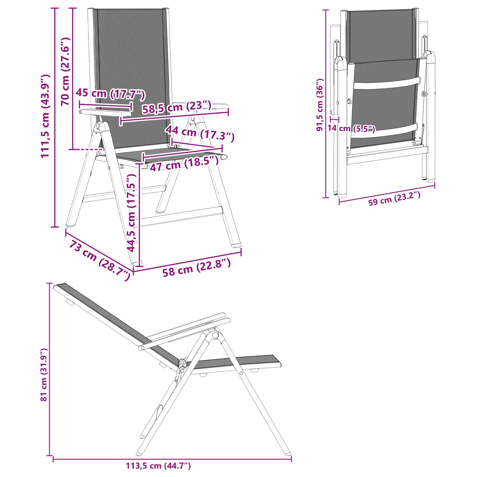 Ležaljke u vrtu 2 pcs Crna 58 x 73 x 111,5 cm Tekstilen