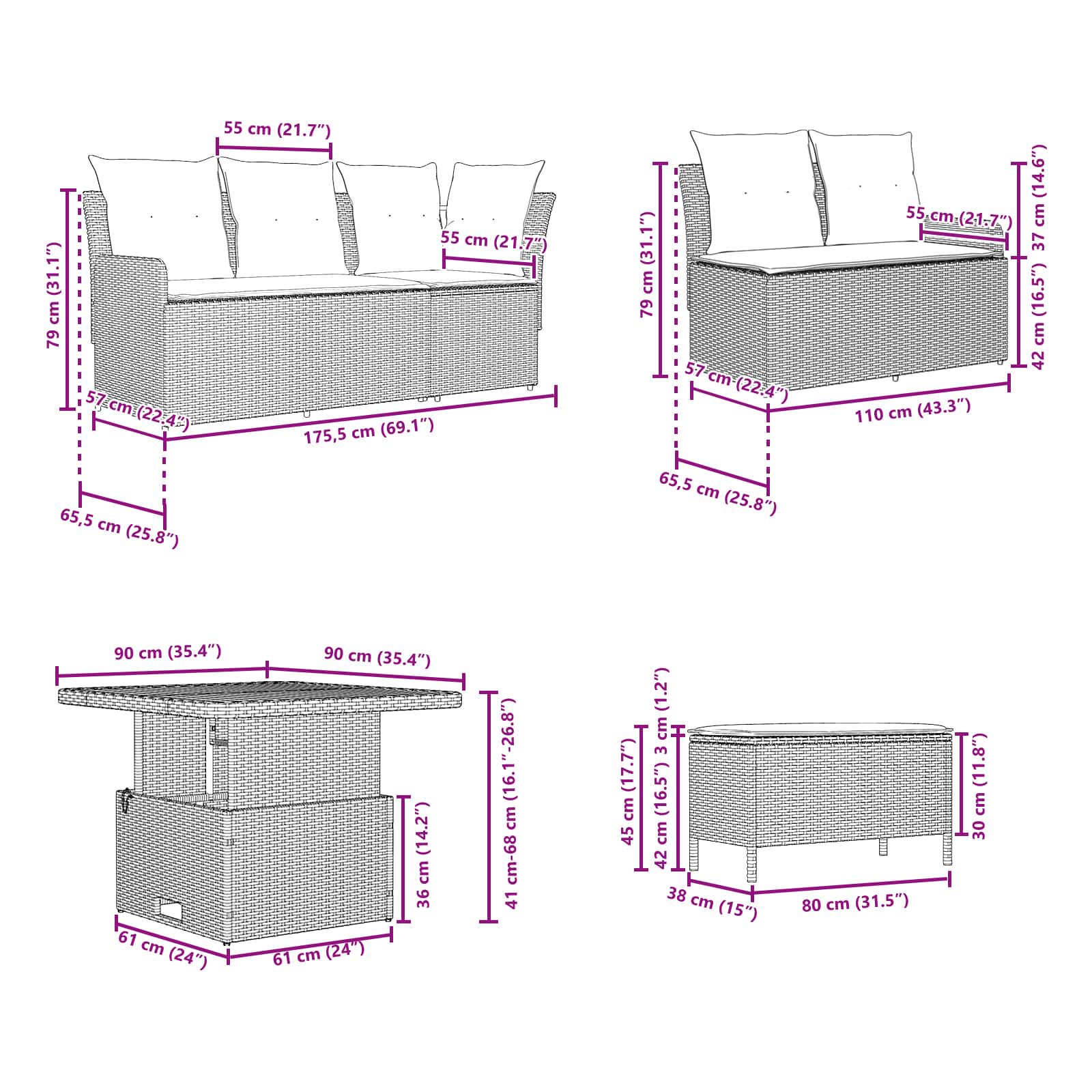 Setovi namještaja s jastukom 7 pcs Crna i Tirkizna PE ratan