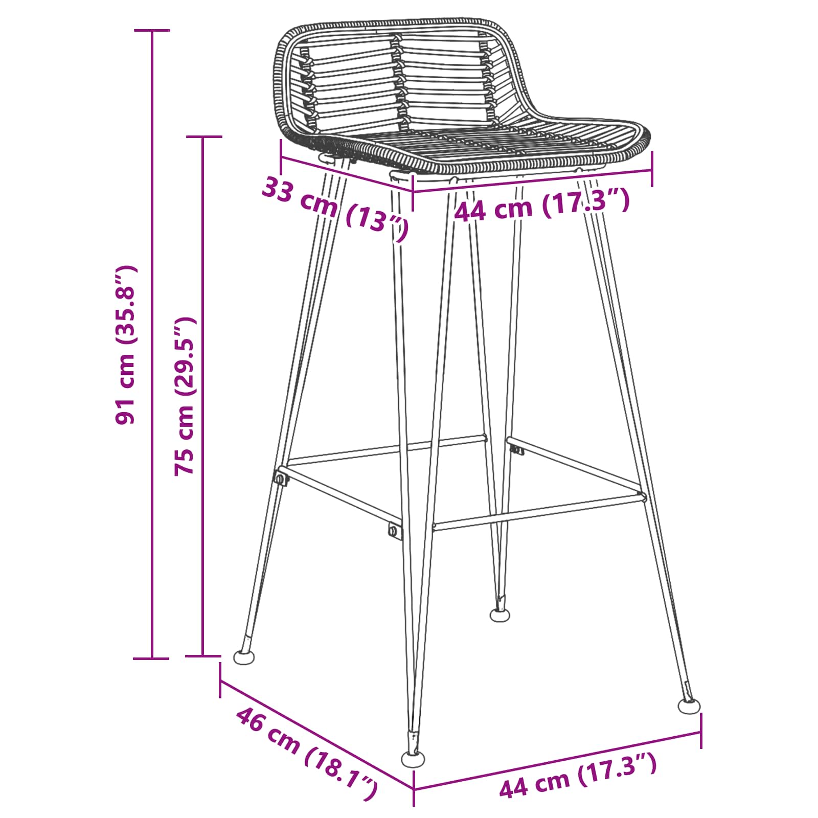 Barski stol 2 pcs Crna 44 x 46 x 91 cm Ratan i Čelik