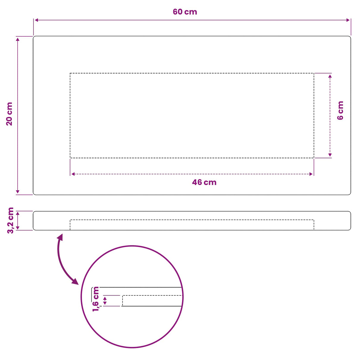 Pravokutni stolni vrh 60 x 20 x 3,2 cm Pravokutni