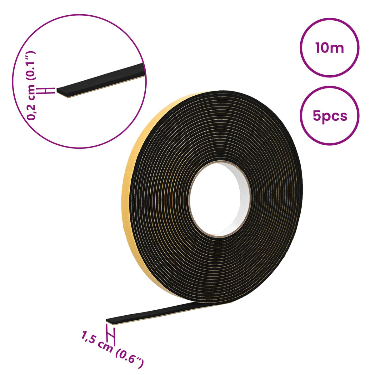 Samoljepljiva pjenasta traka 5 pcs Crna 15mm x 10m CR pjena