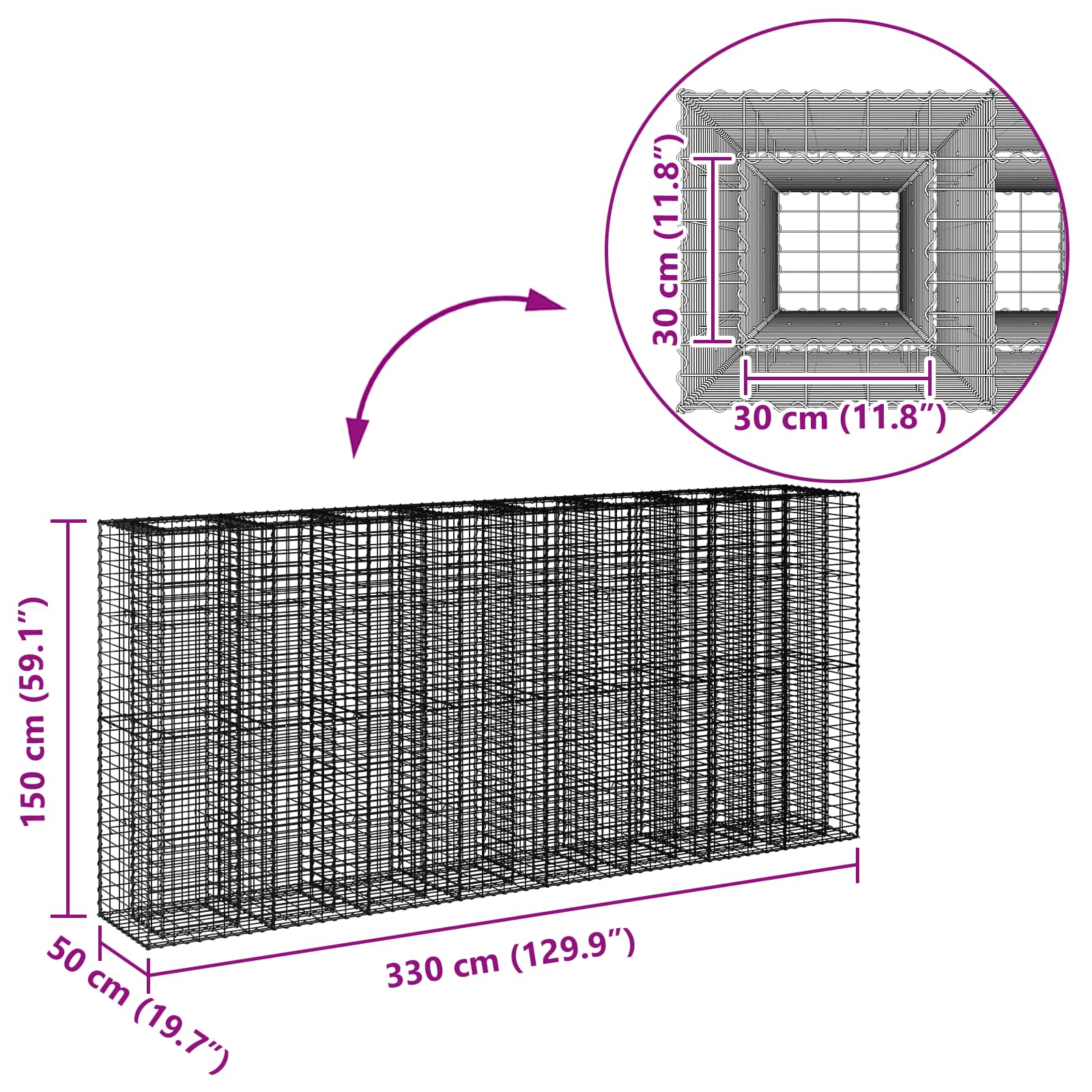 Gabionski uzdignuti krevet 4 pcs Srebrno 330 x 50 x 150 cm