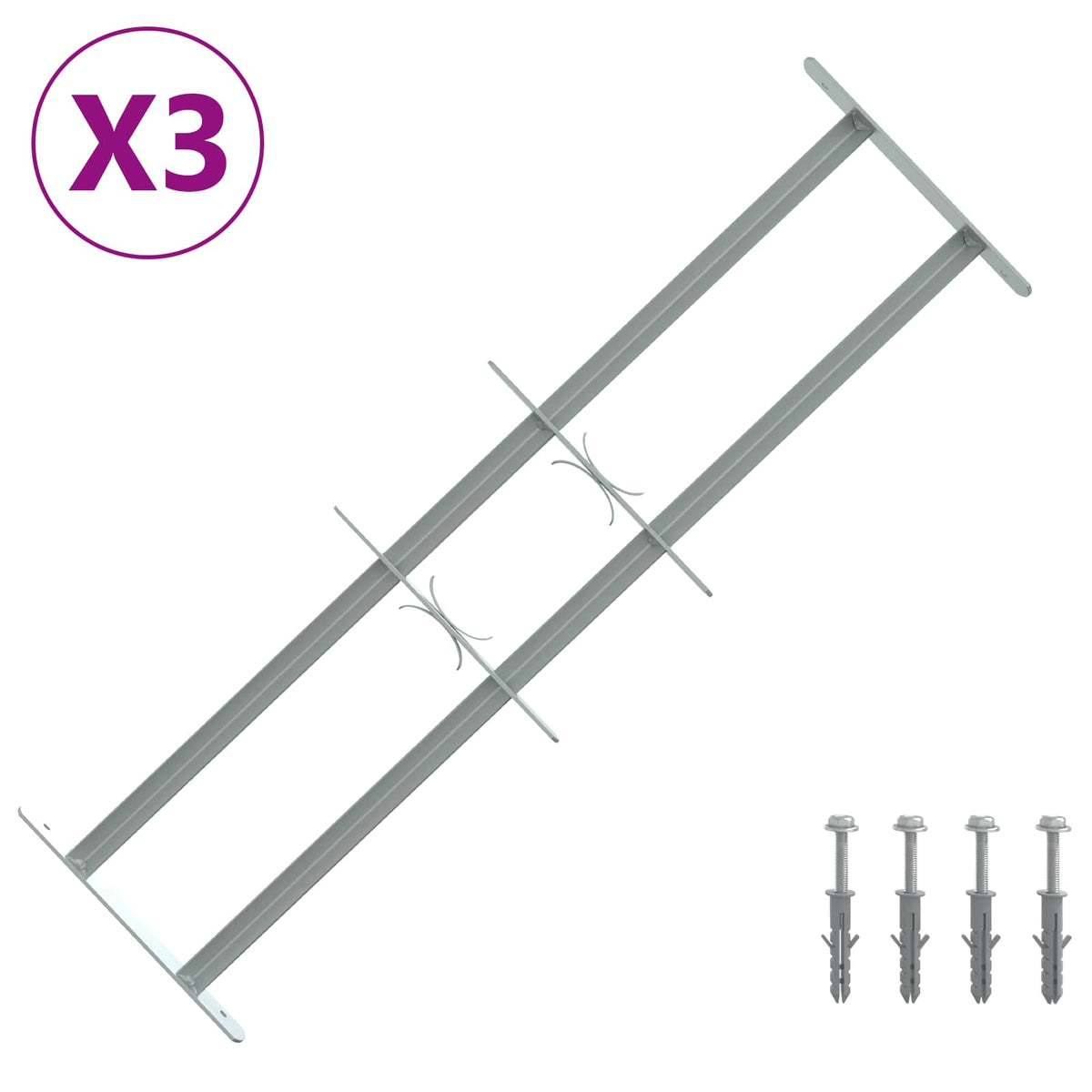 Rešetka za sigurnost prozora s 2 prekrižena nosača 3 kom. Srebrna 630-1140 mm