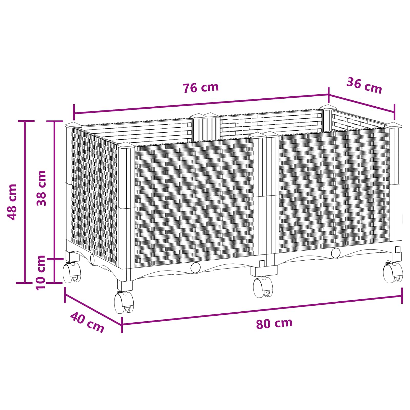 Vrtni saksija s kotačima Crna 80 x 40 x 44 cm PP