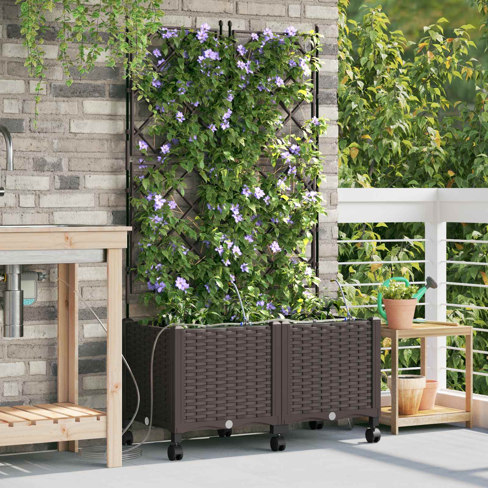 Vrtni planter s navodnjavanjem i kotačima 2 kom. Smeđa PP