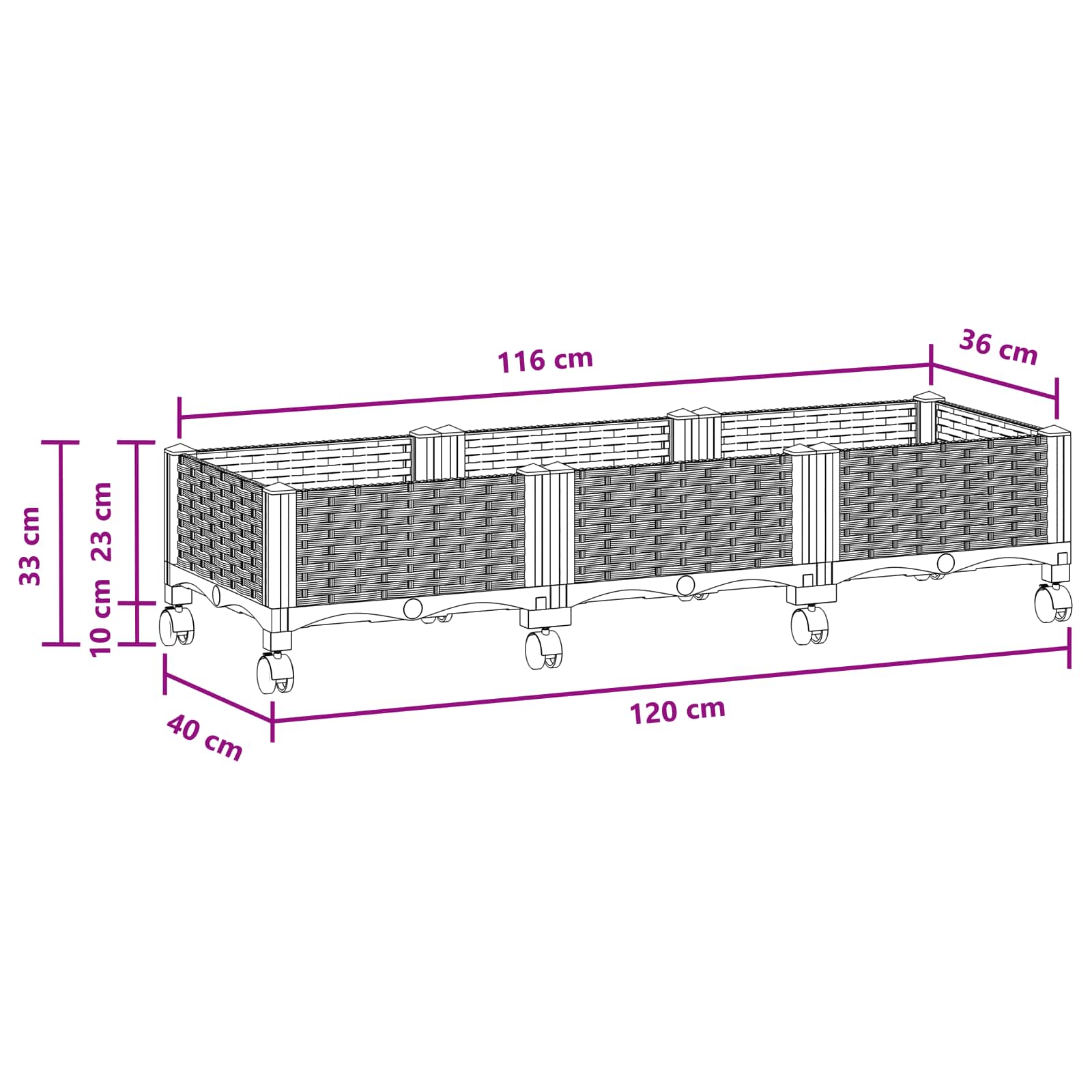 Vrtni saksija s kotačima Crna 120 x 40 x 29 cm PP