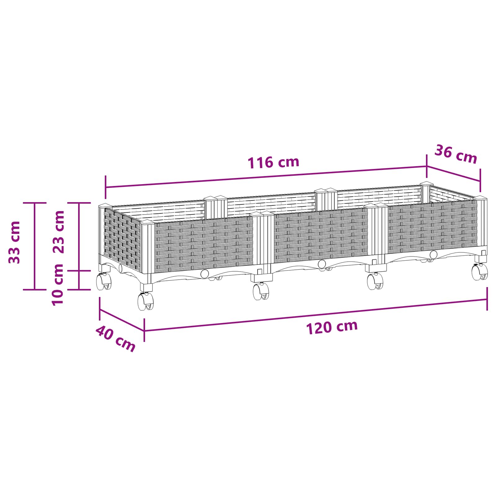 Vrtni saksija s kotačima Bijela 120 x 40 x 33 cm PP
