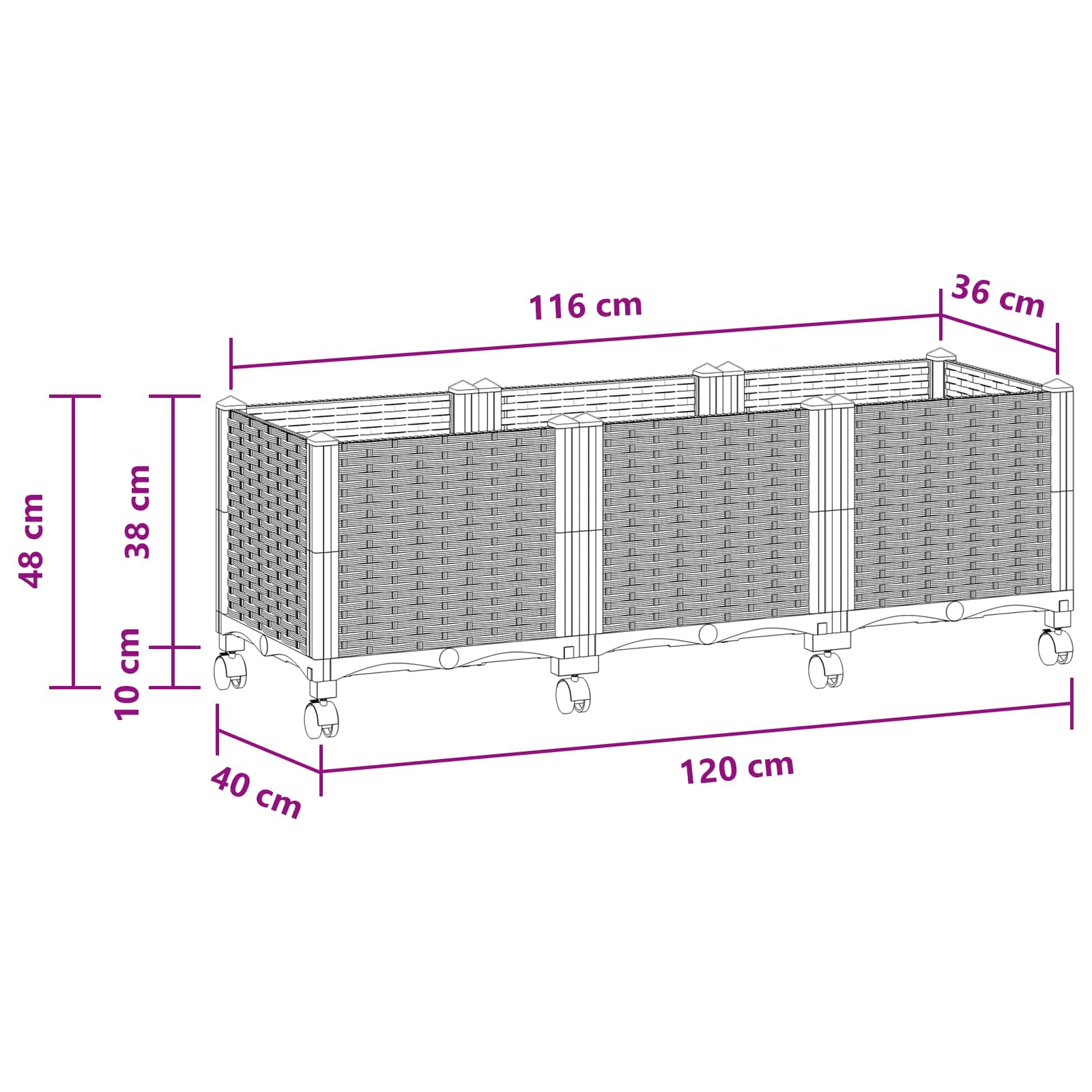 Vrtni saksija s kotačima Svjetlosiva 120 x 40 x 48 cm PP