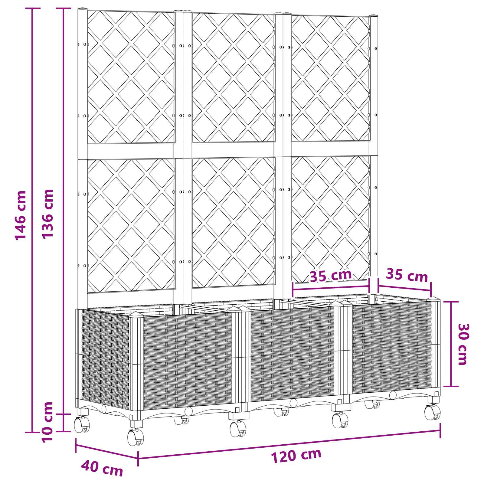 Vrtni saksija s rešetkom i kotačima Crna 120 x 40 x 146 cm PP