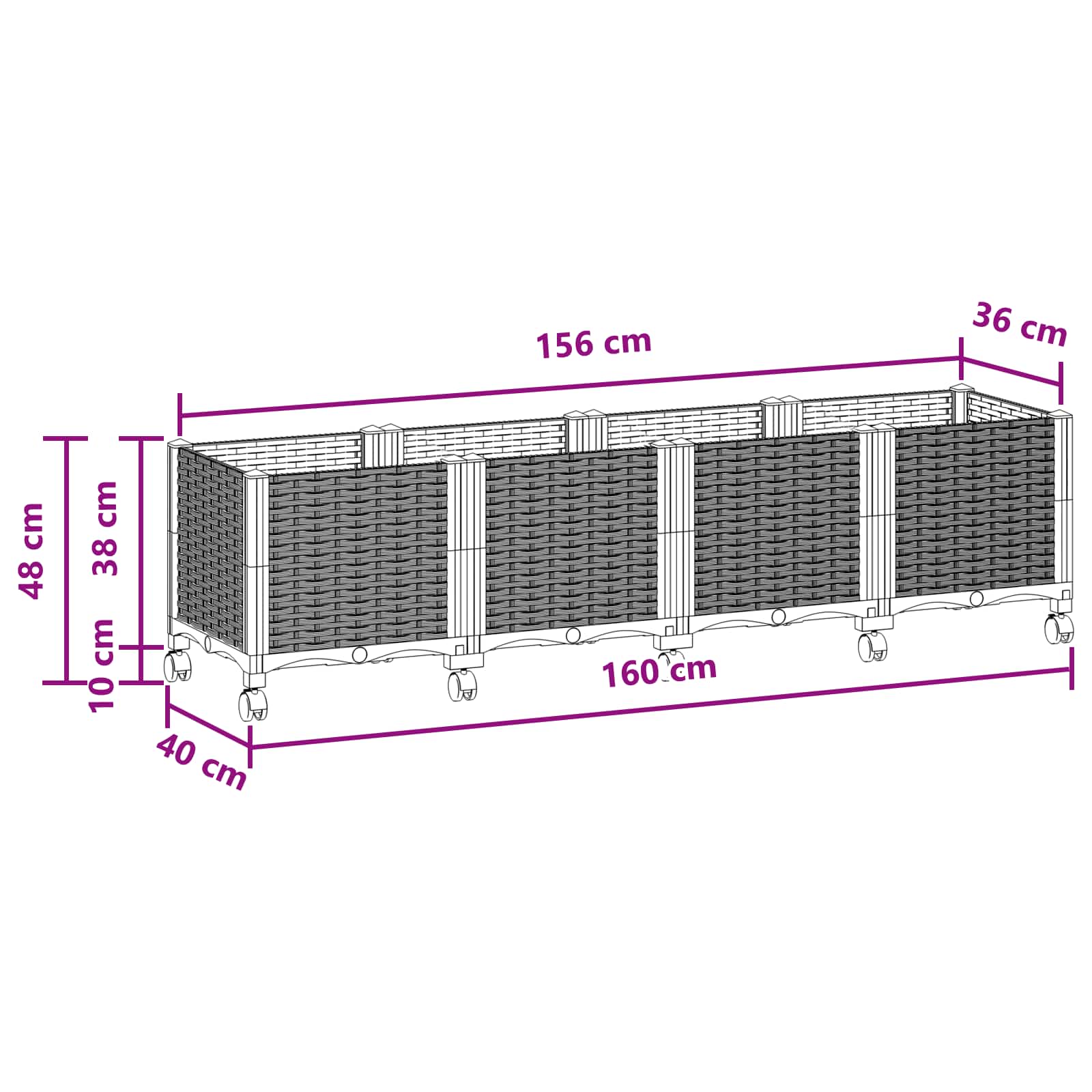Vrtni saksija s kotačima Crna 160 x 40 x 44 cm PP