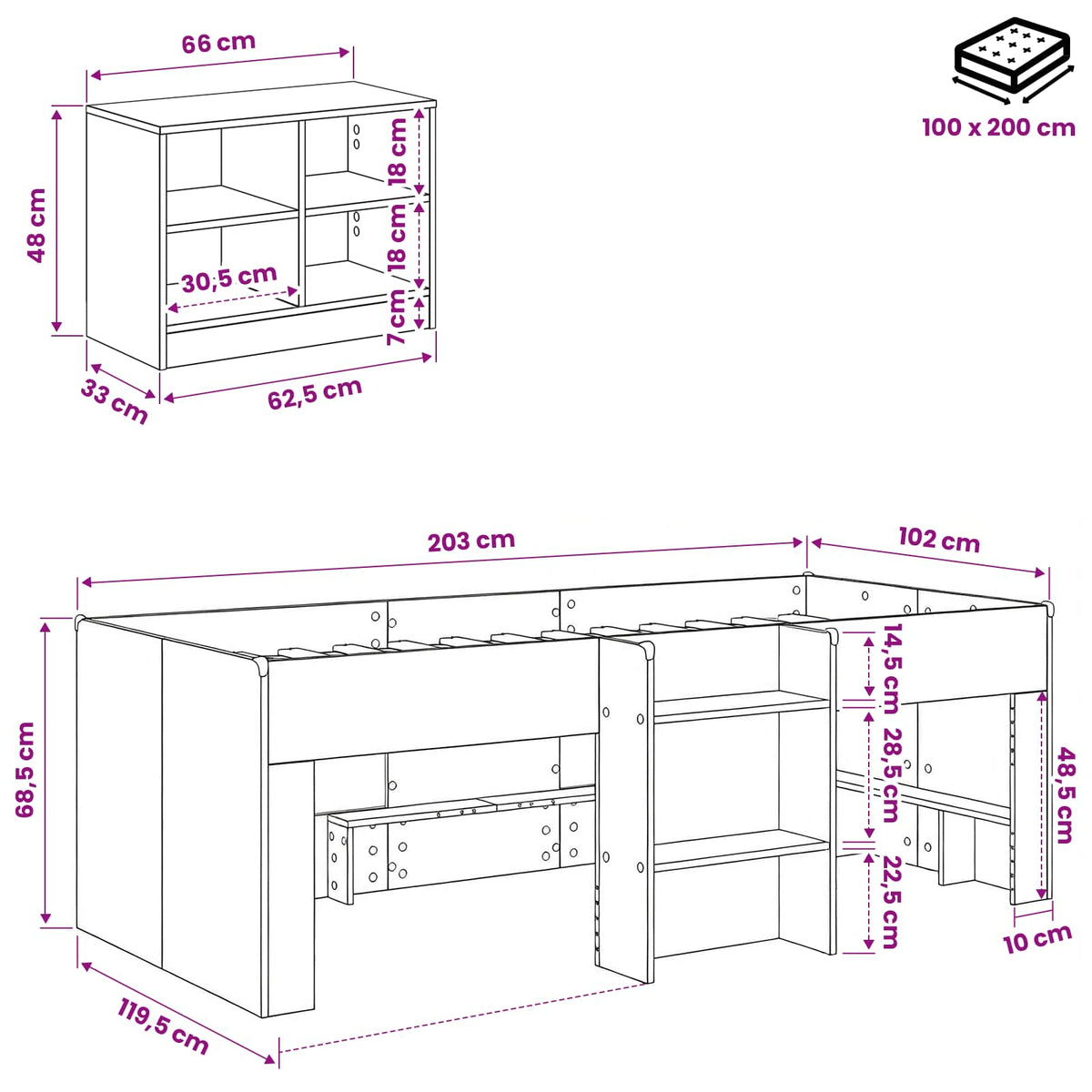 Loft krevet s ormarom 3 kom. Siva Sonoma Konstruirano drvo 98.5 x 200 cm