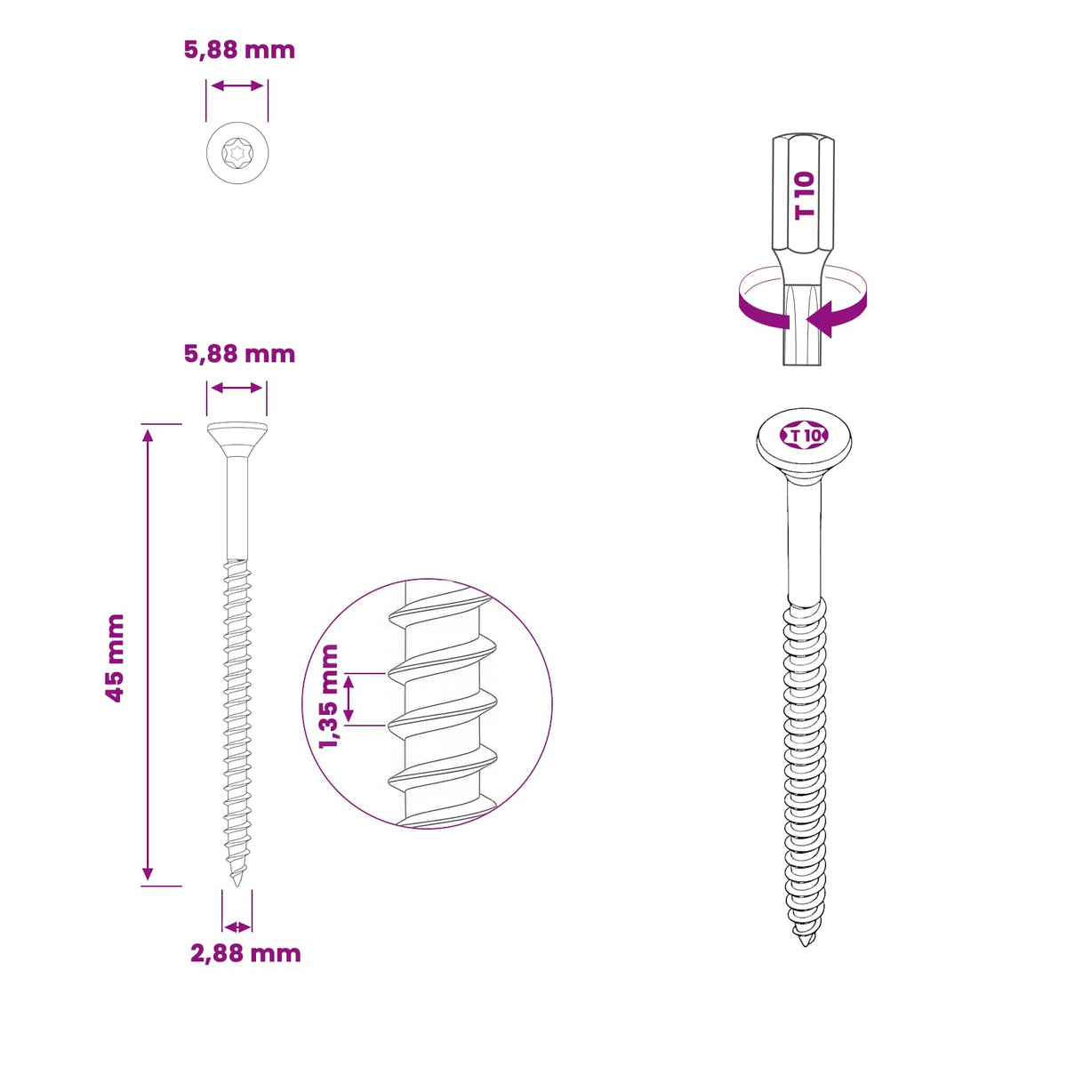 Vijci 100 pcs Srebrna Ø 2.88 x 45 mm A2 nehrđajući čelik