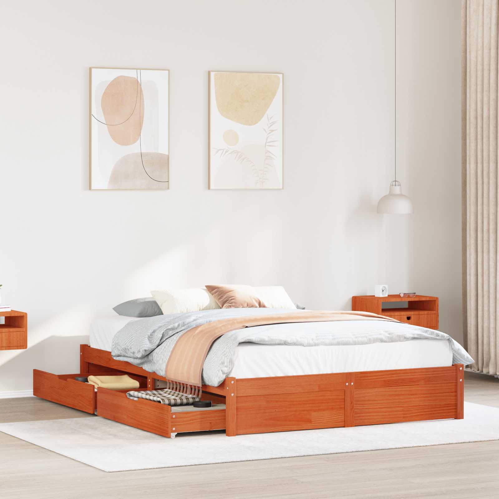 Krevetna konstrukcija s ladicama Vosak smeđa Čvrsto borovo drvo