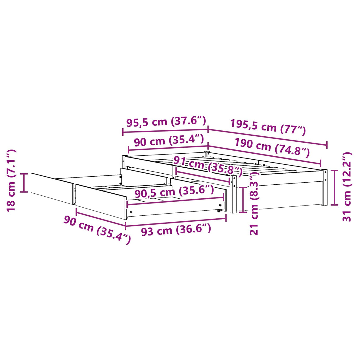 Krevetna konstrukcija s ladicama 3 kom. Vosak smeđa Borovina