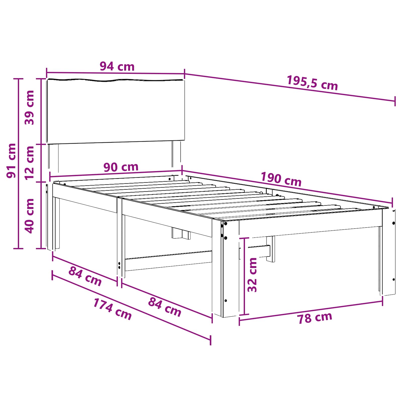 Krevet s uzglavljem ROSTOCK Bijela 90 x 190 cm