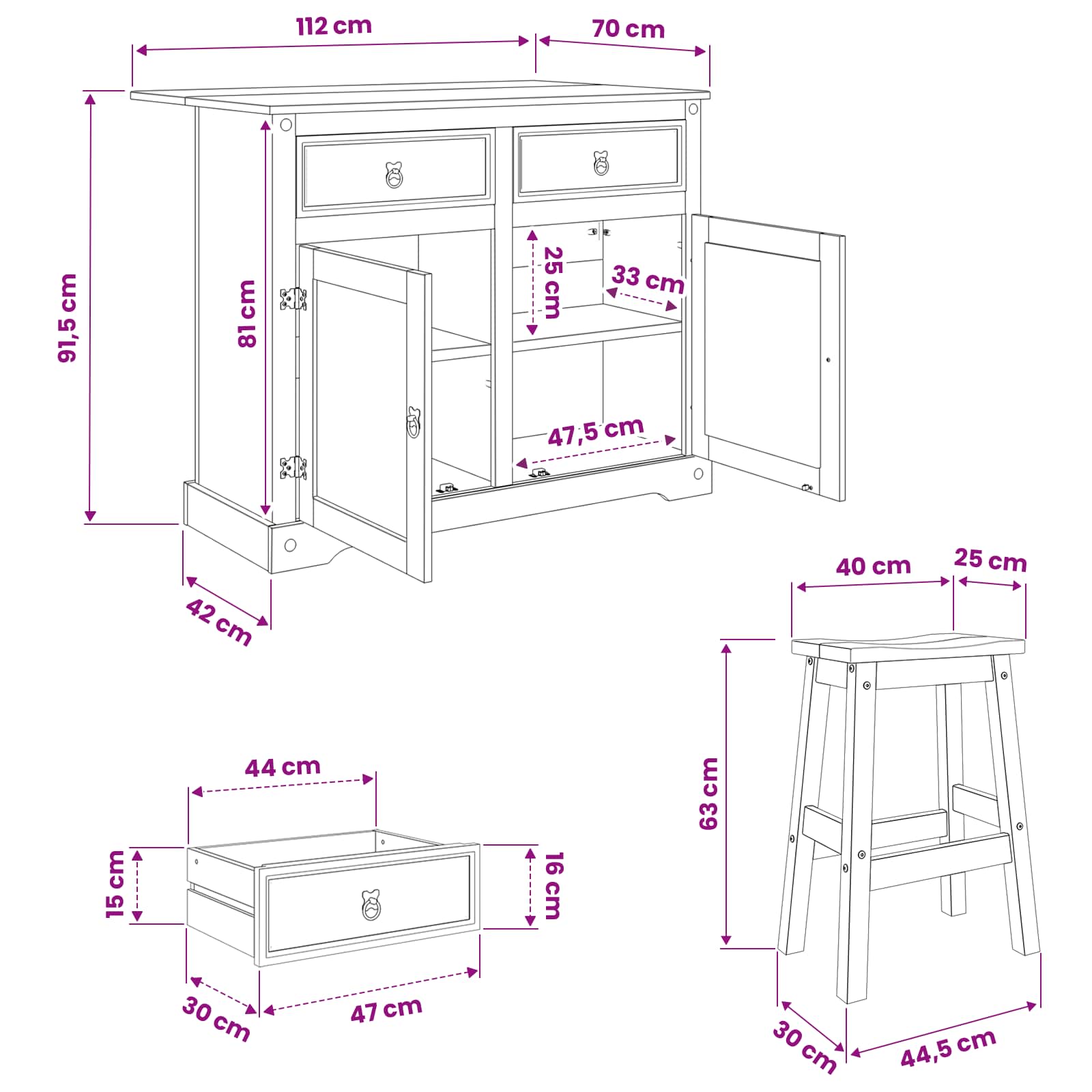 Set kuhinjskog otoka Corona 3 pcs Medeni vosak Masivna borovina