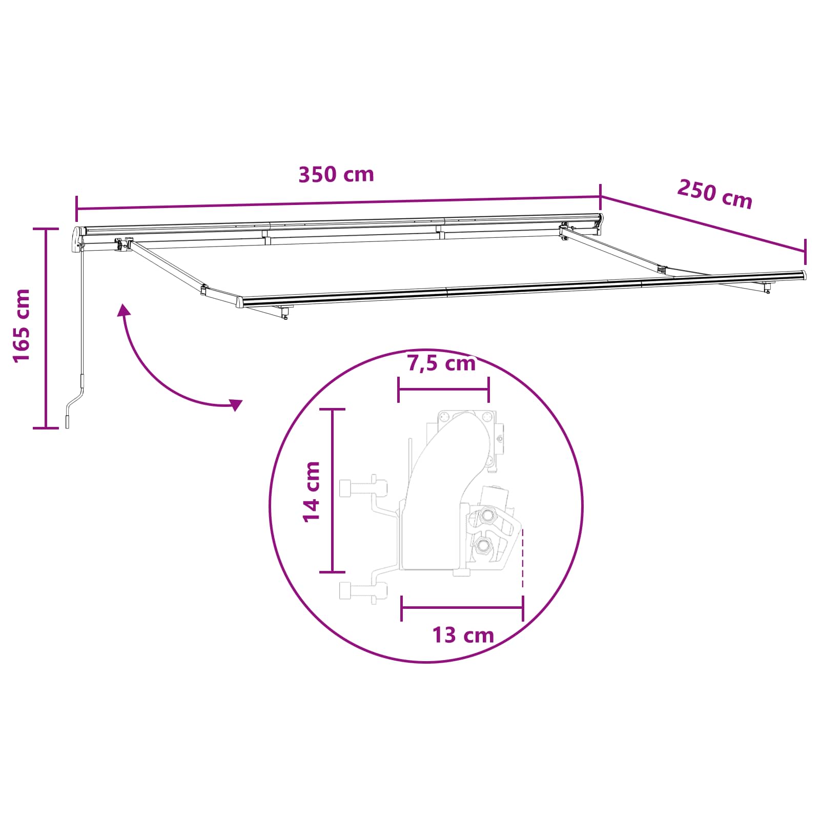 Povlačivi tende Svijetlo siva i bijela. 350 x 250 cm