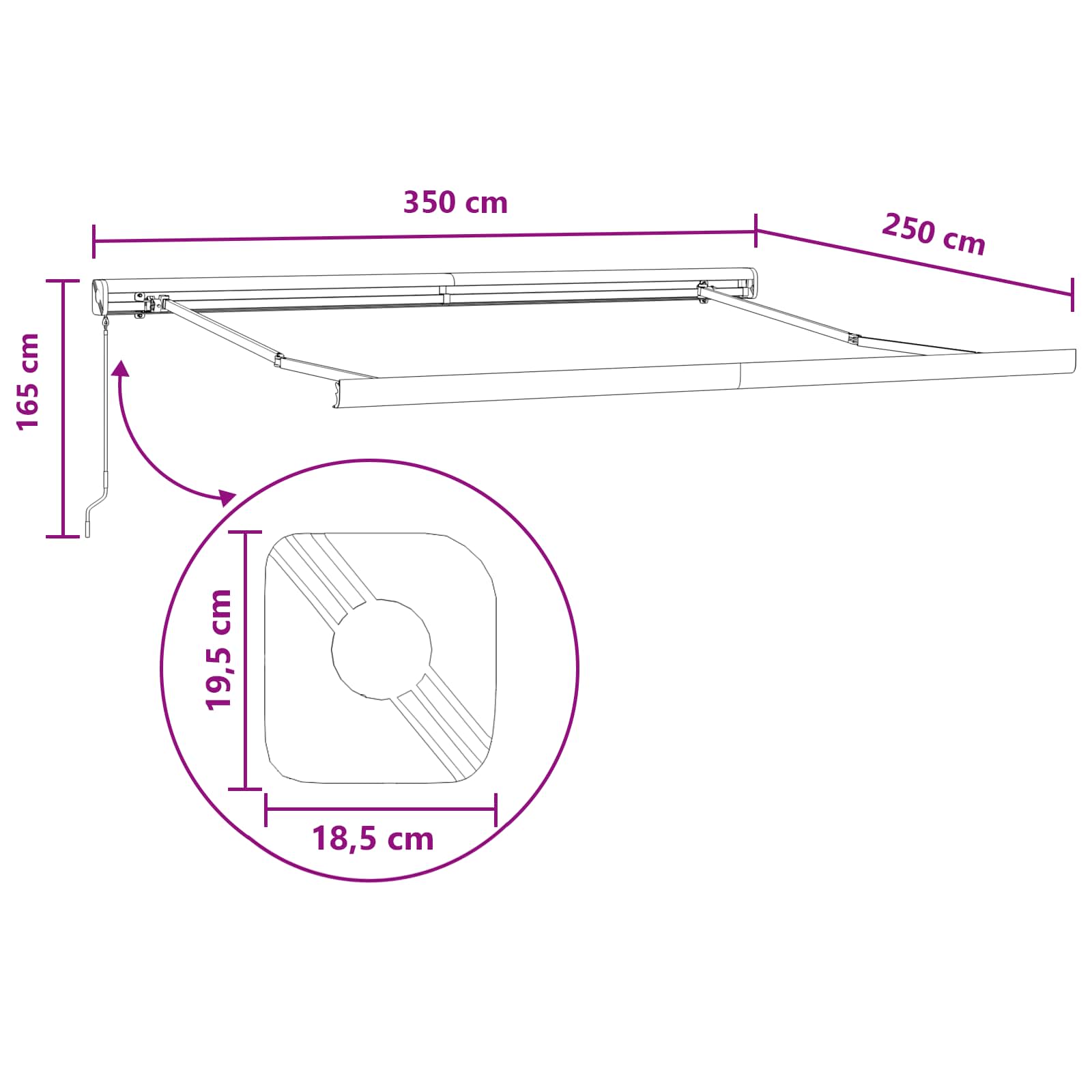Povlačivi tende Svijetlo siva i bijela. 350 x 250 cm