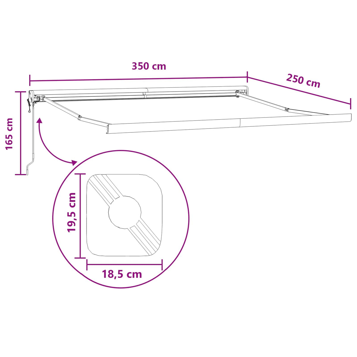 Povlačivi tende Svijetlo siva i bijela. 350 x 250 cm