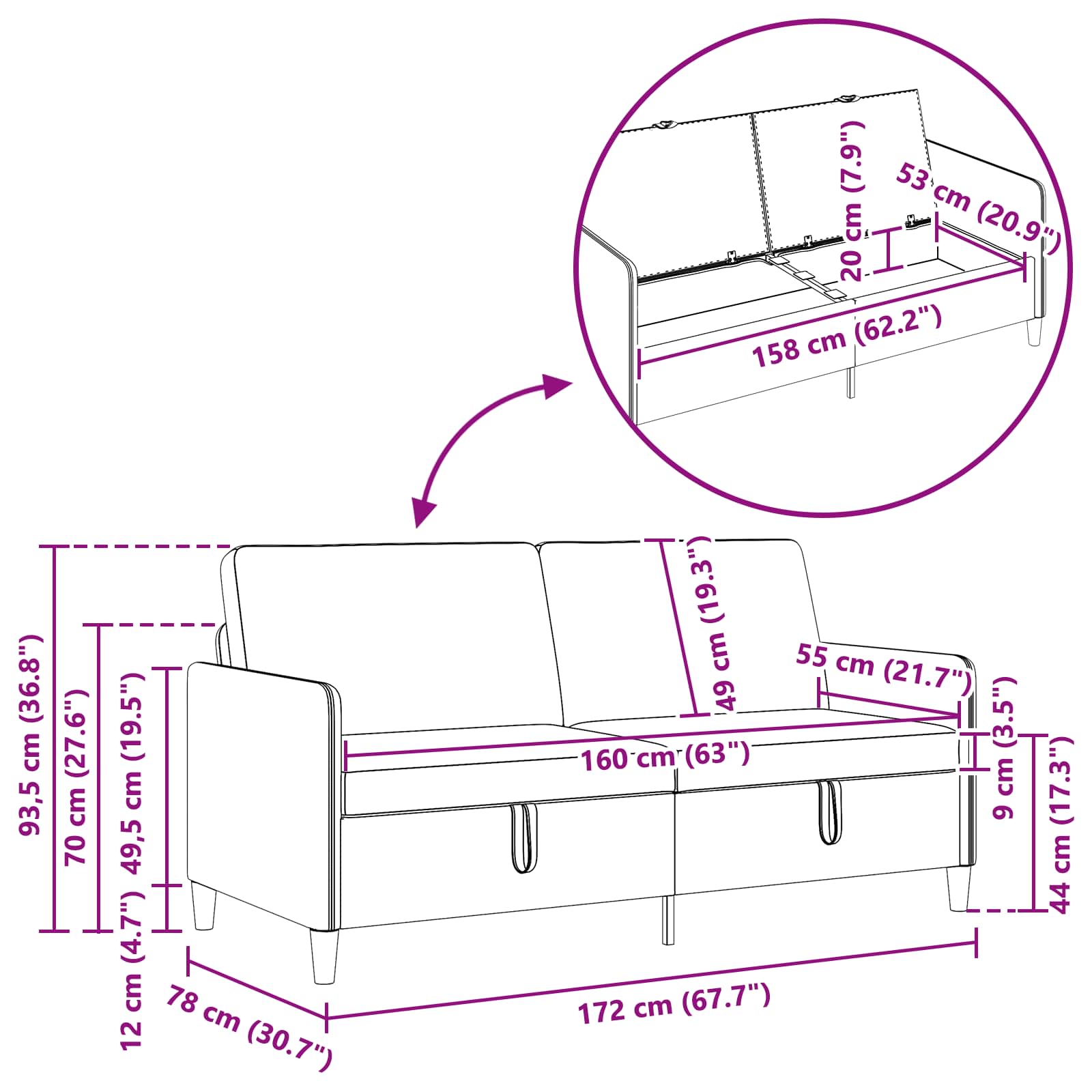 Sofa s pohranom Vinska crvena 172 x 78 x 87 cm Poliester