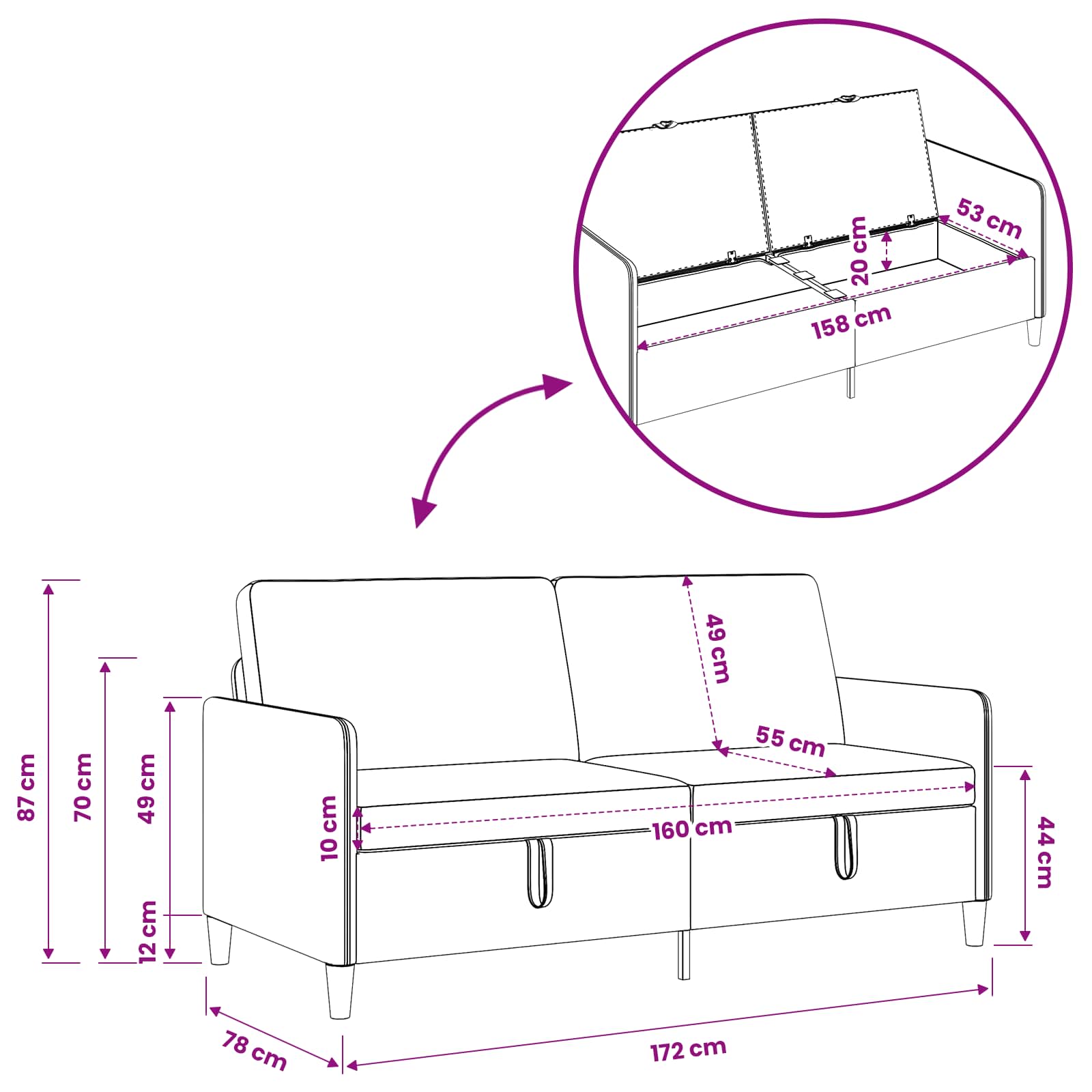 Sofa s pohranom Svijetlo žuta 172 x 78 x 87 cm Poliester