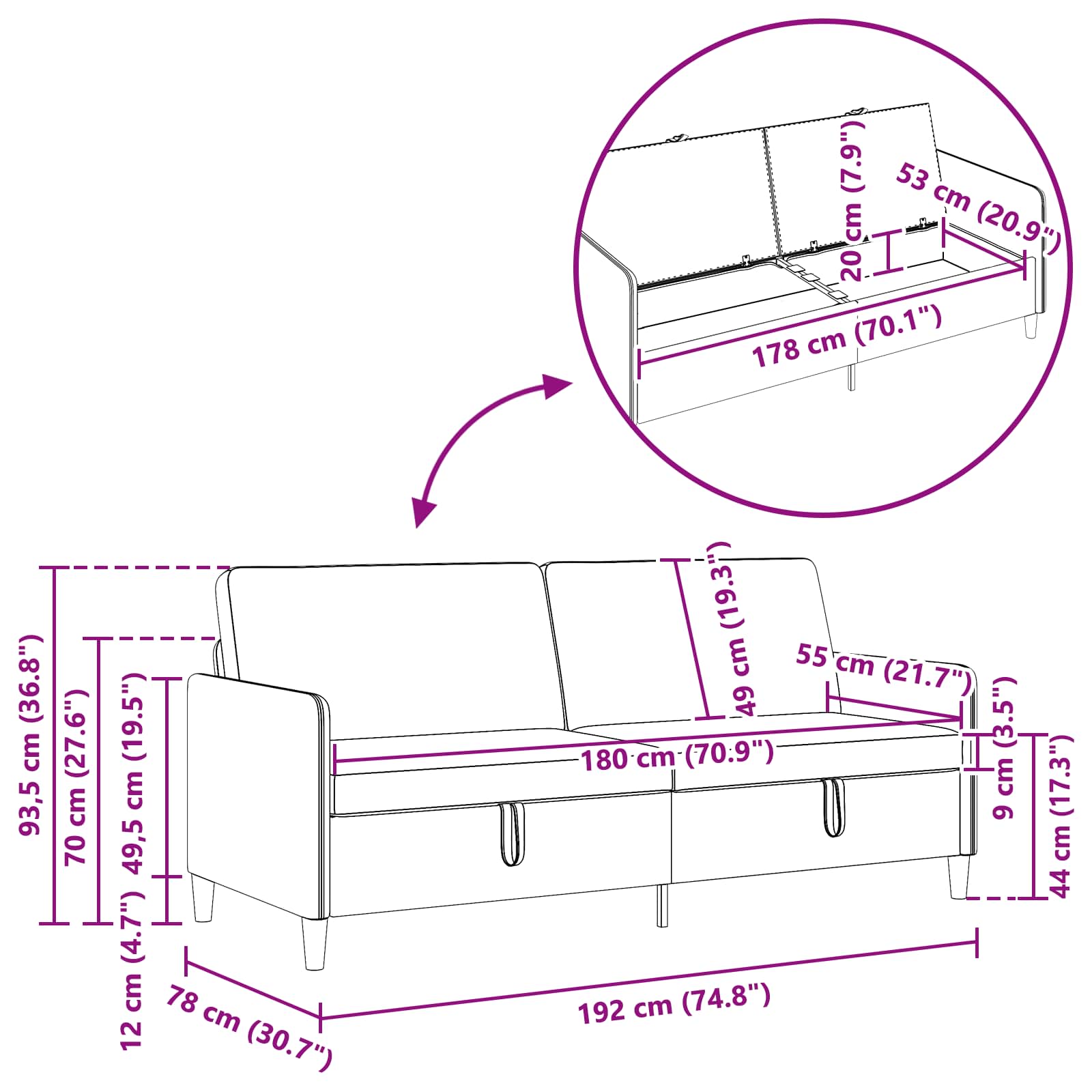 Sofa s pohranom Tamnozelena 192 x 78 x 87 cm Poliester