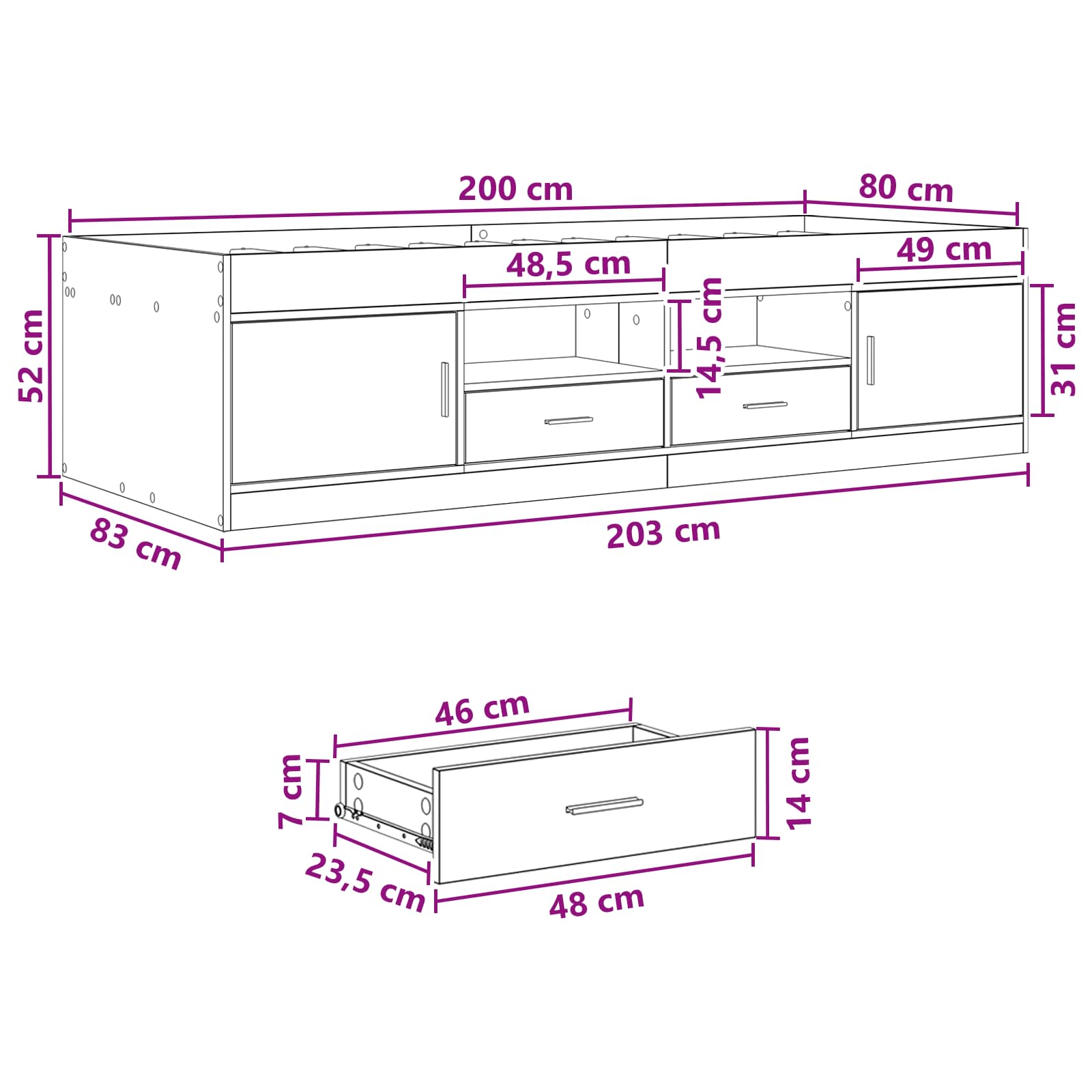 Okvir kreveta s pohranom s ladicama Staro drvo 80 x 200 cm