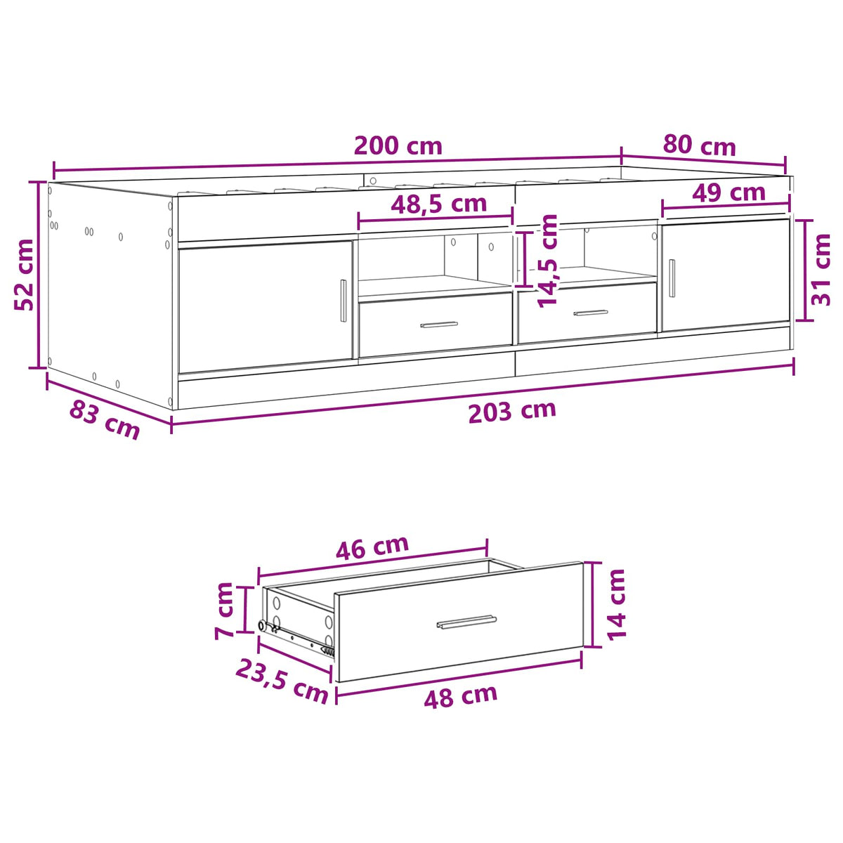 Okvir kreveta s pohranom s ladicama Crni hrast 80 x 200 cm