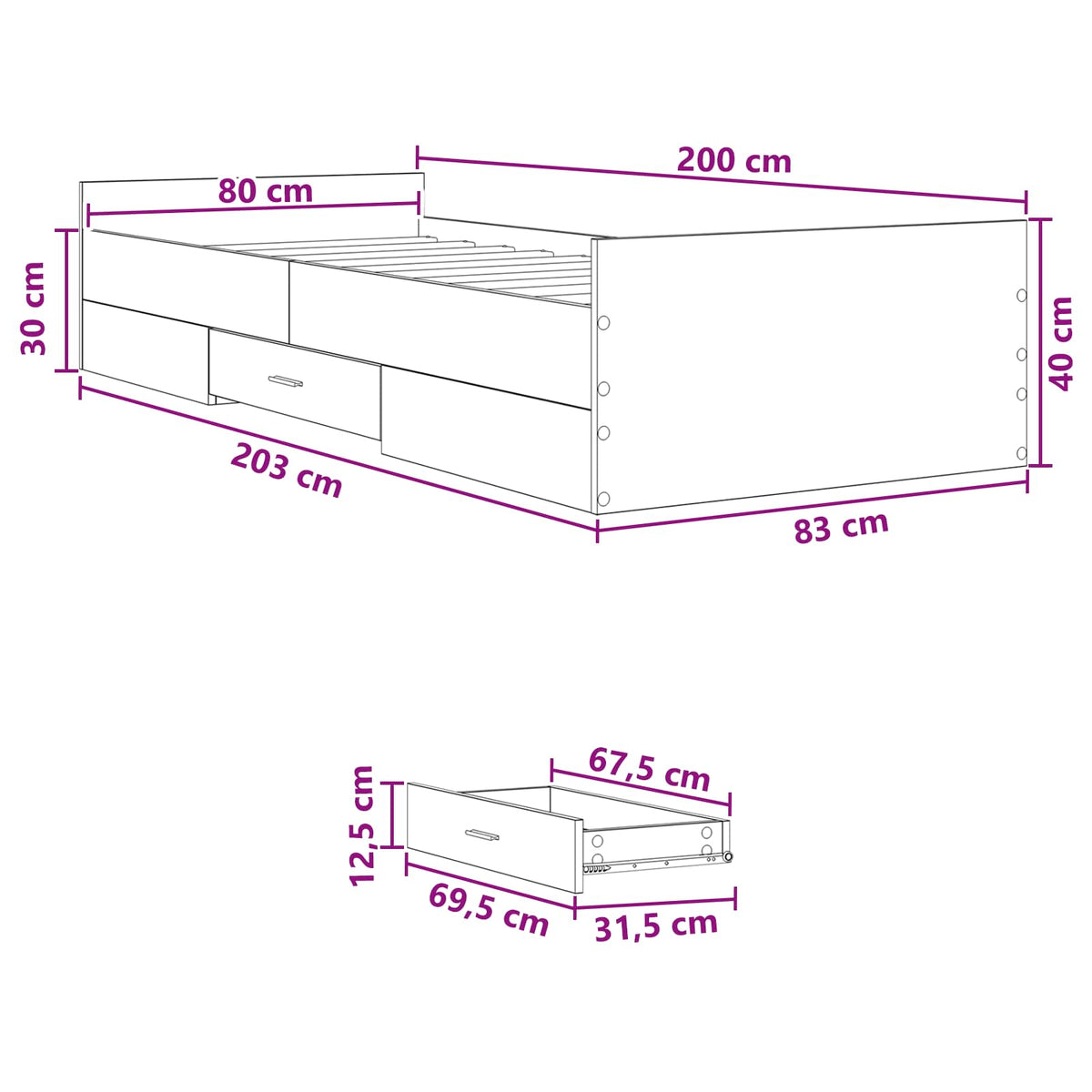 Okvir kreveta s pohranom s ladicama Siva Sonoma 80 x 200 cm