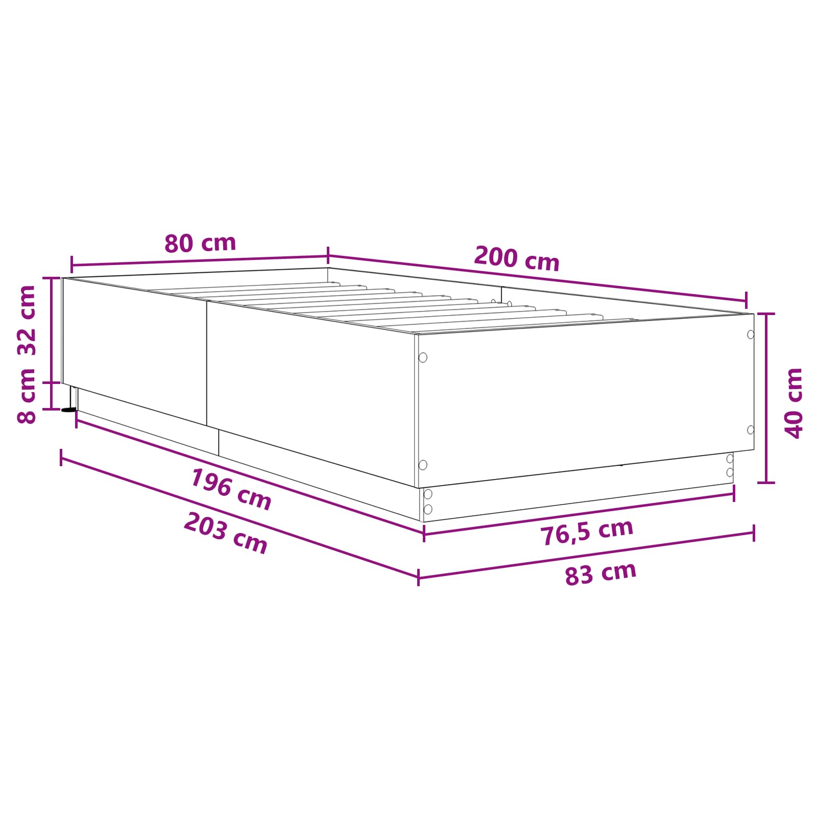 Krevetna konstrukcija s LED svjetlom Crni hrast 80 x 200 cm