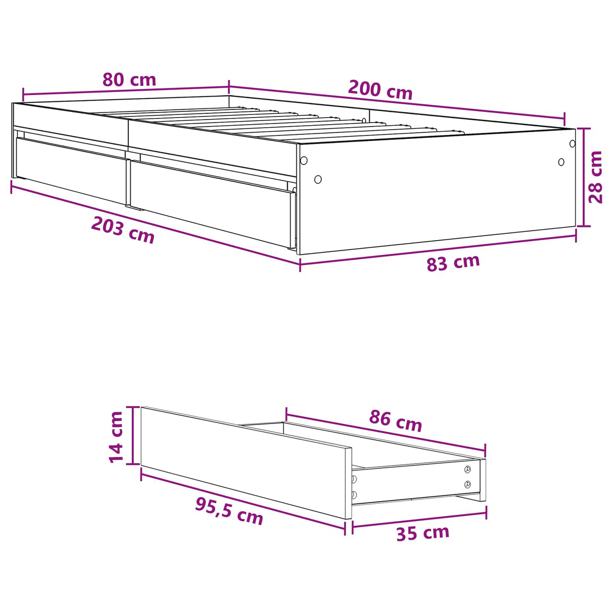 Okvir kreveta s pohranom s ladicama Siva Sonoma 80 x 200 cm