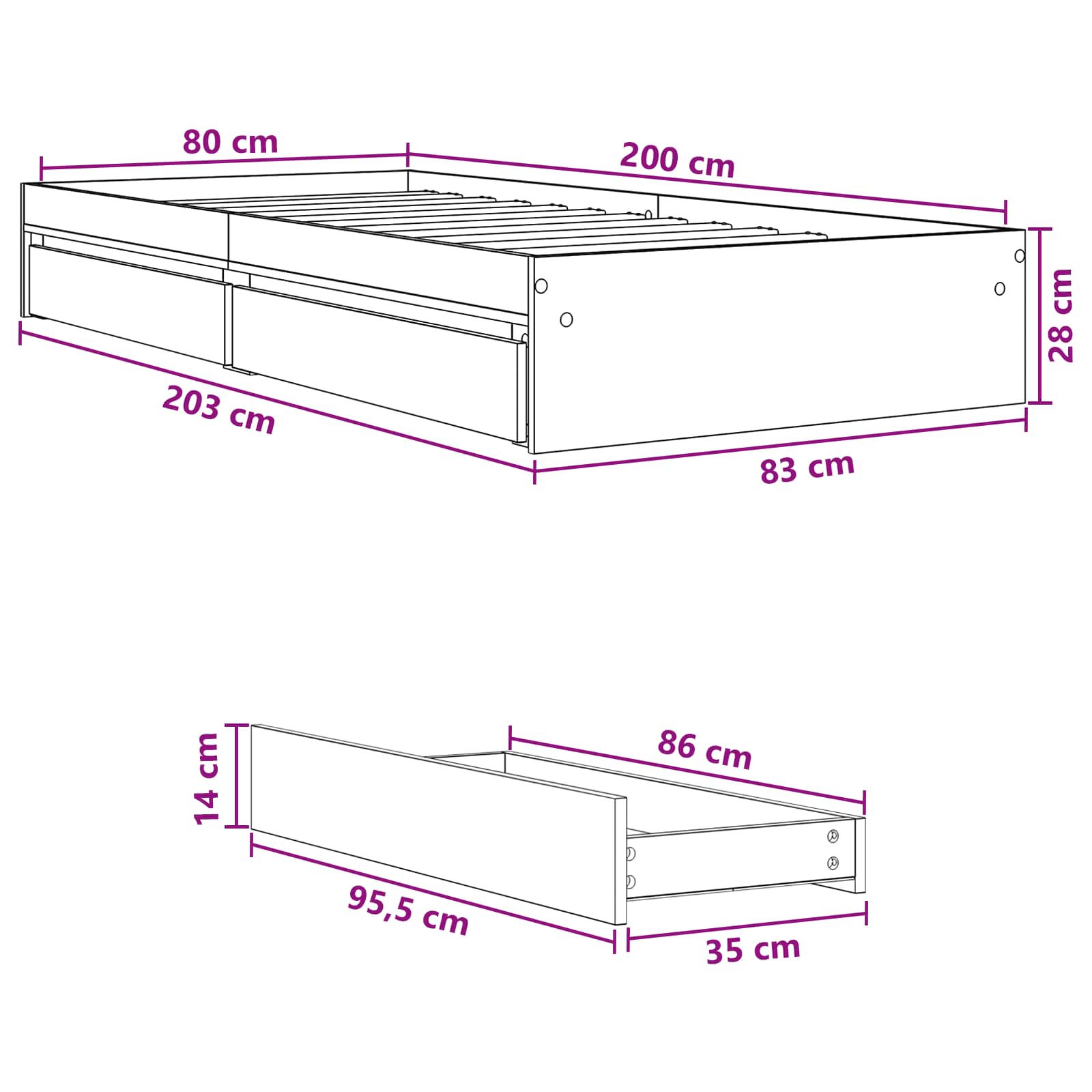Okvir kreveta s pohranom s ladicama Crni hrast 80 x 200 cm