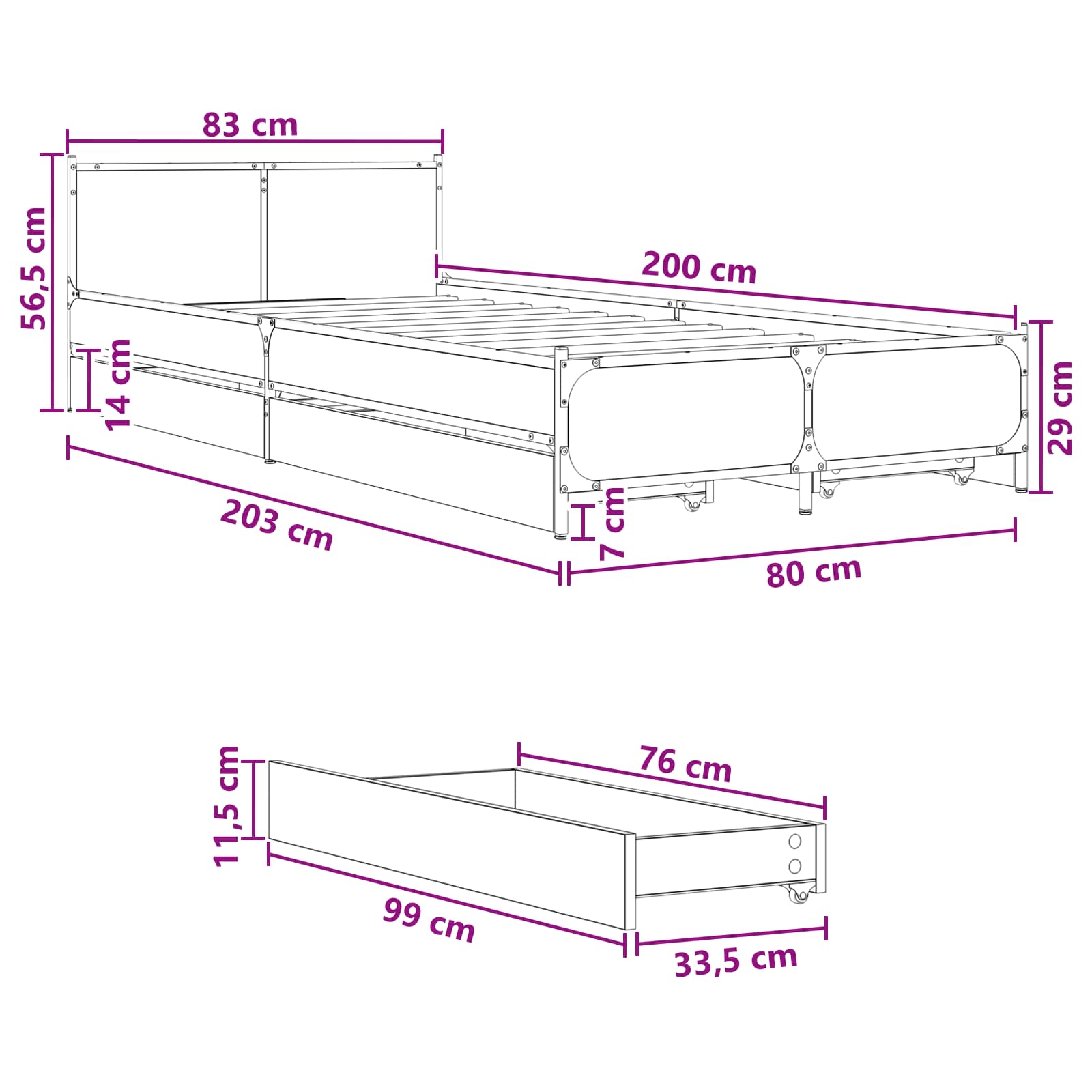 Okvir kreveta s uzglavljem s kotačem Dimljeni hrast 80 x 200 cm
