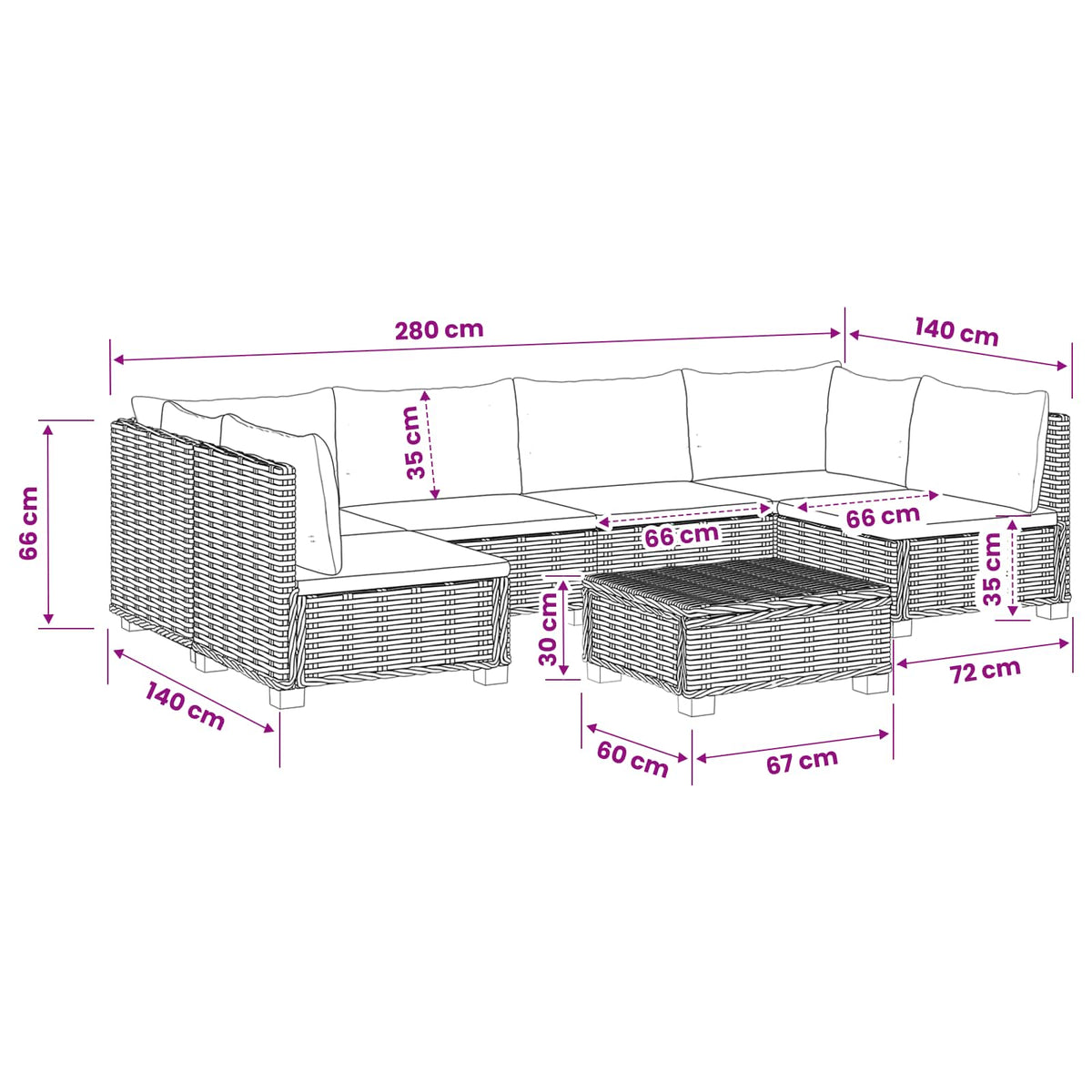 7 kom. Ratan Lounge Set s Jastucima GENDT Prirodni ratan