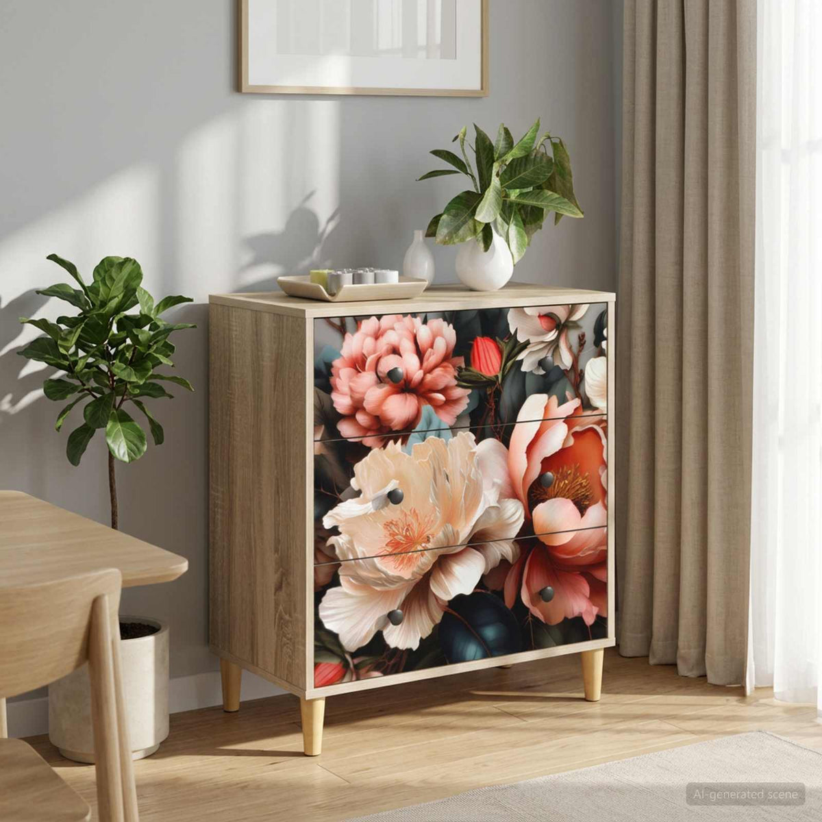 Komoda BORNE Print lagane peonije 66 x 36,5 x 75 cm Sonoma