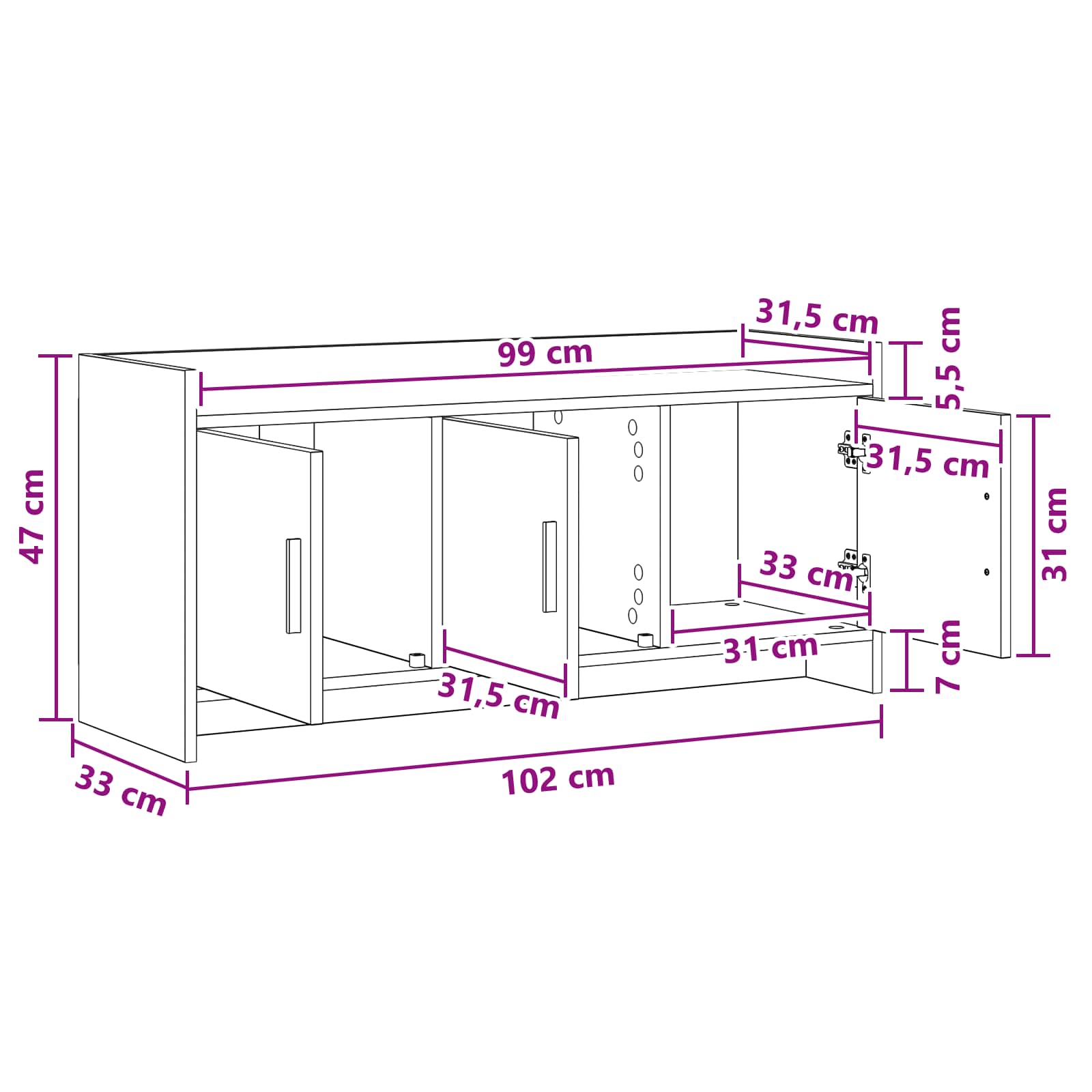 TV ormar 102 x 33 x 47 cm Bijela Konstruirano drvo