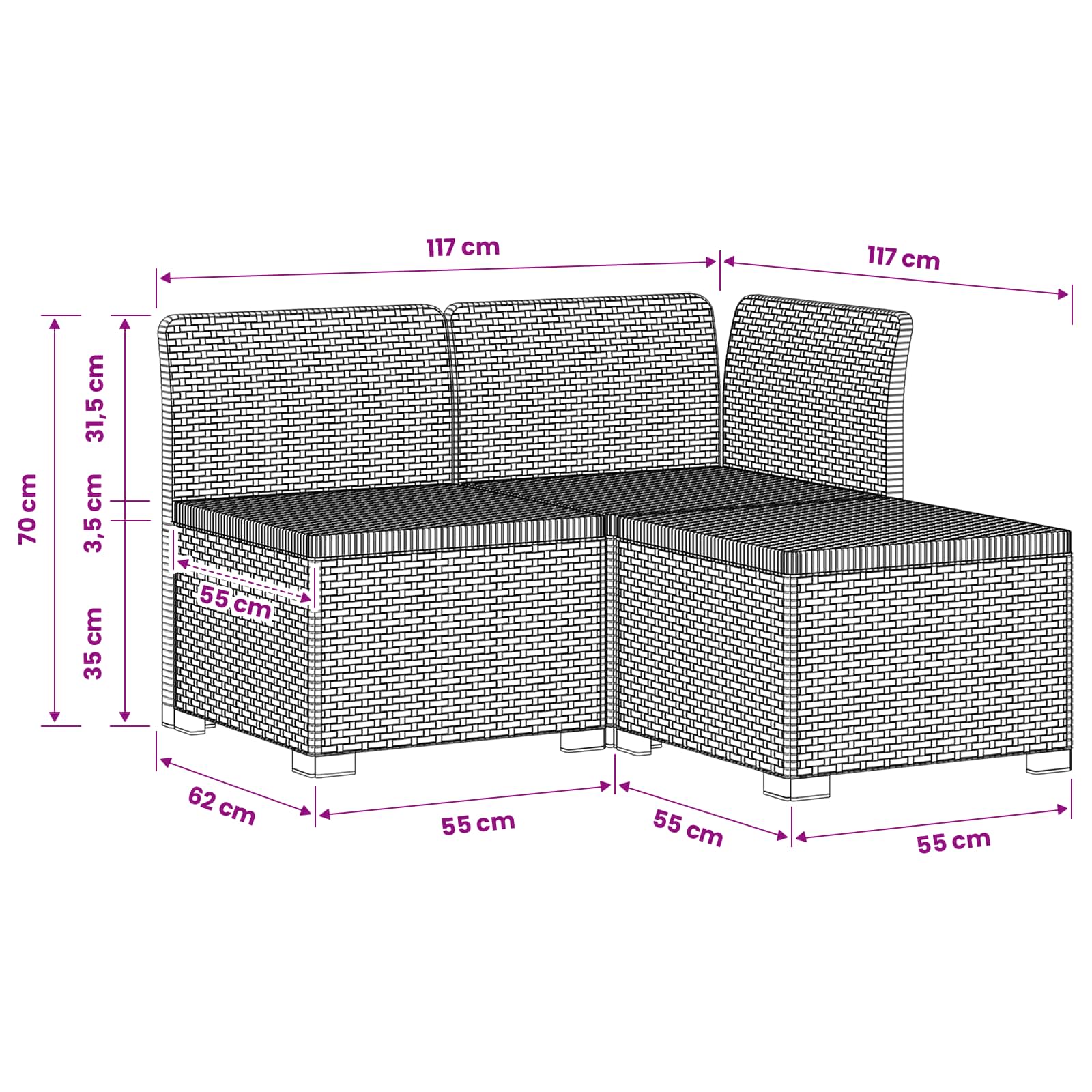 Sofa za vrt za 3 osobe sa izgledom rattan PP Smeđa