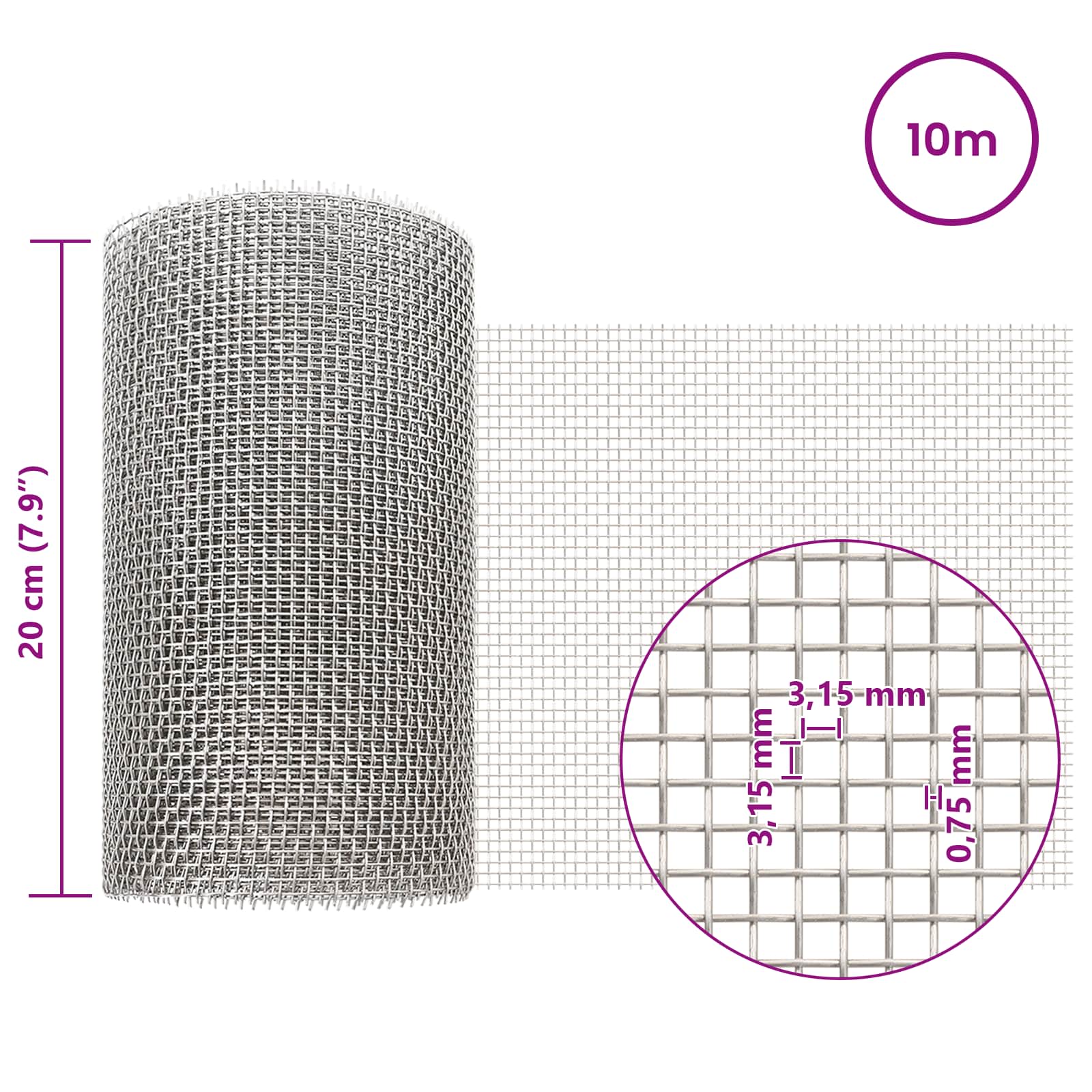 Mrežna tkanina 20 x 1000 cm 6 Mesh Nehrđajući čelik 201 Srebrna