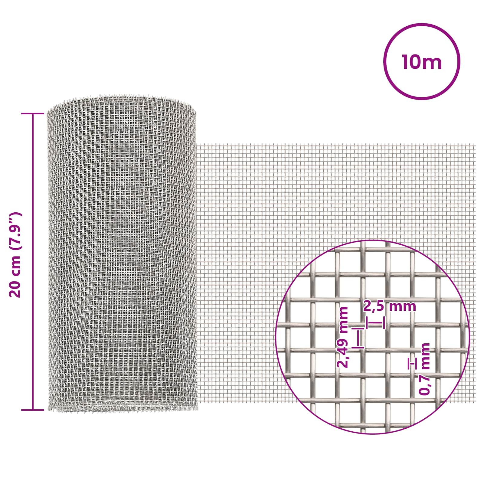 Mrežna tkanina 20 x 1000 cm 8 Mesh Nehrđajući čelik 201 Srebrna