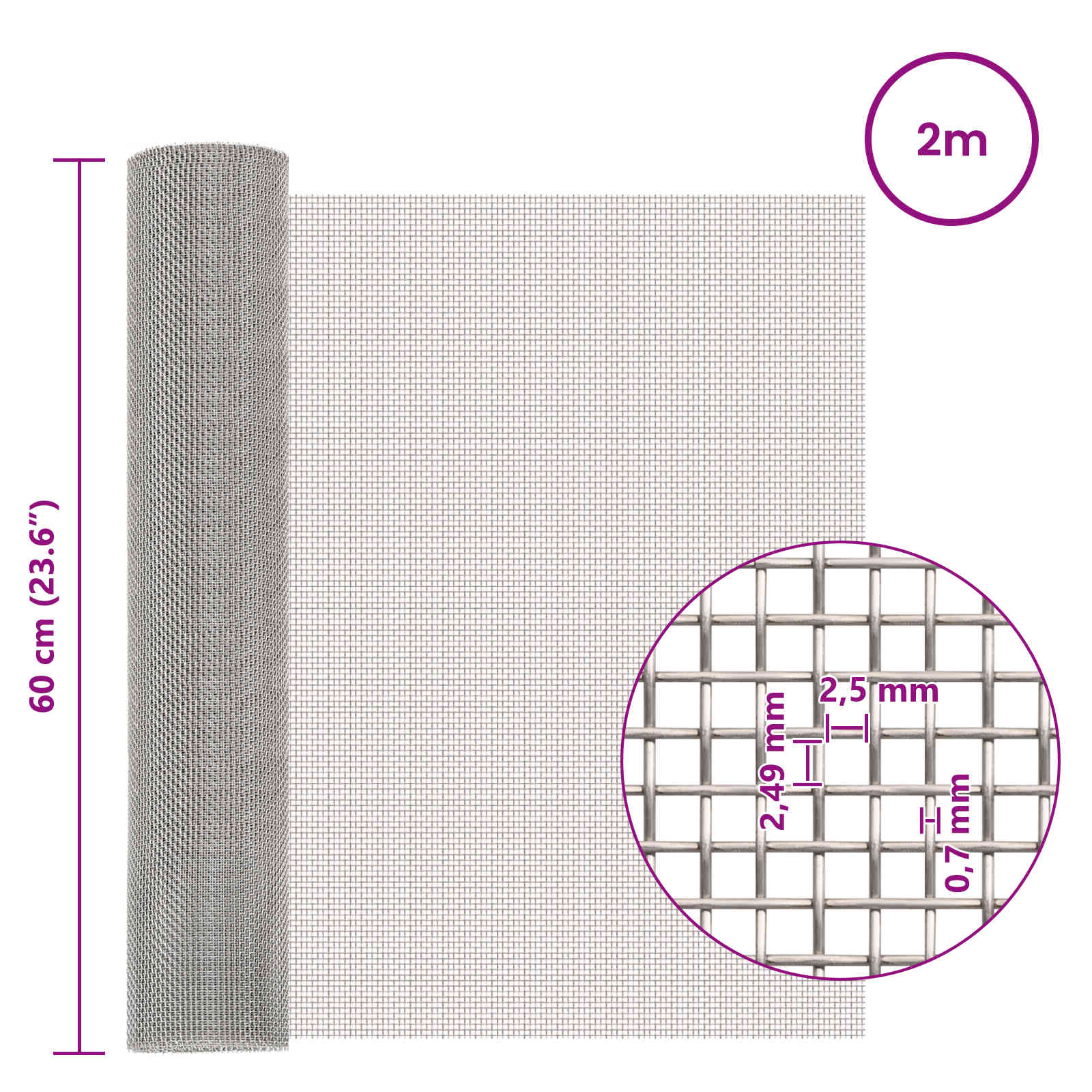 Mrežna tkanina 60 x 200 cm 8 Mesh Nehrđajući čelik 201 Srebrna