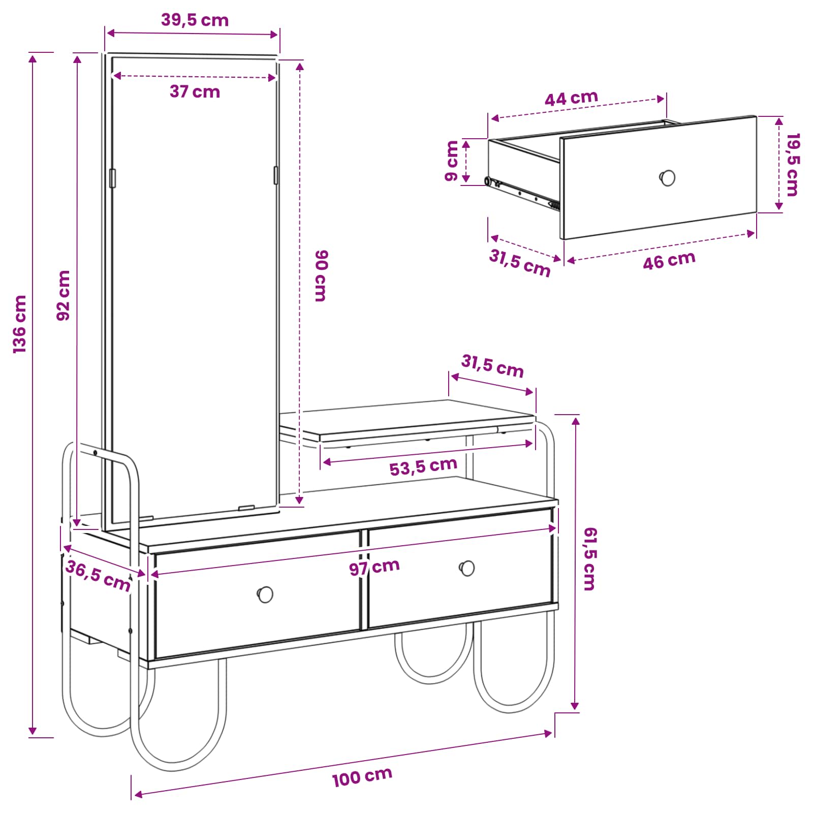 Toaletni stol s ladicama Dimljeni hrast 100 x 36,5 x 136 cm