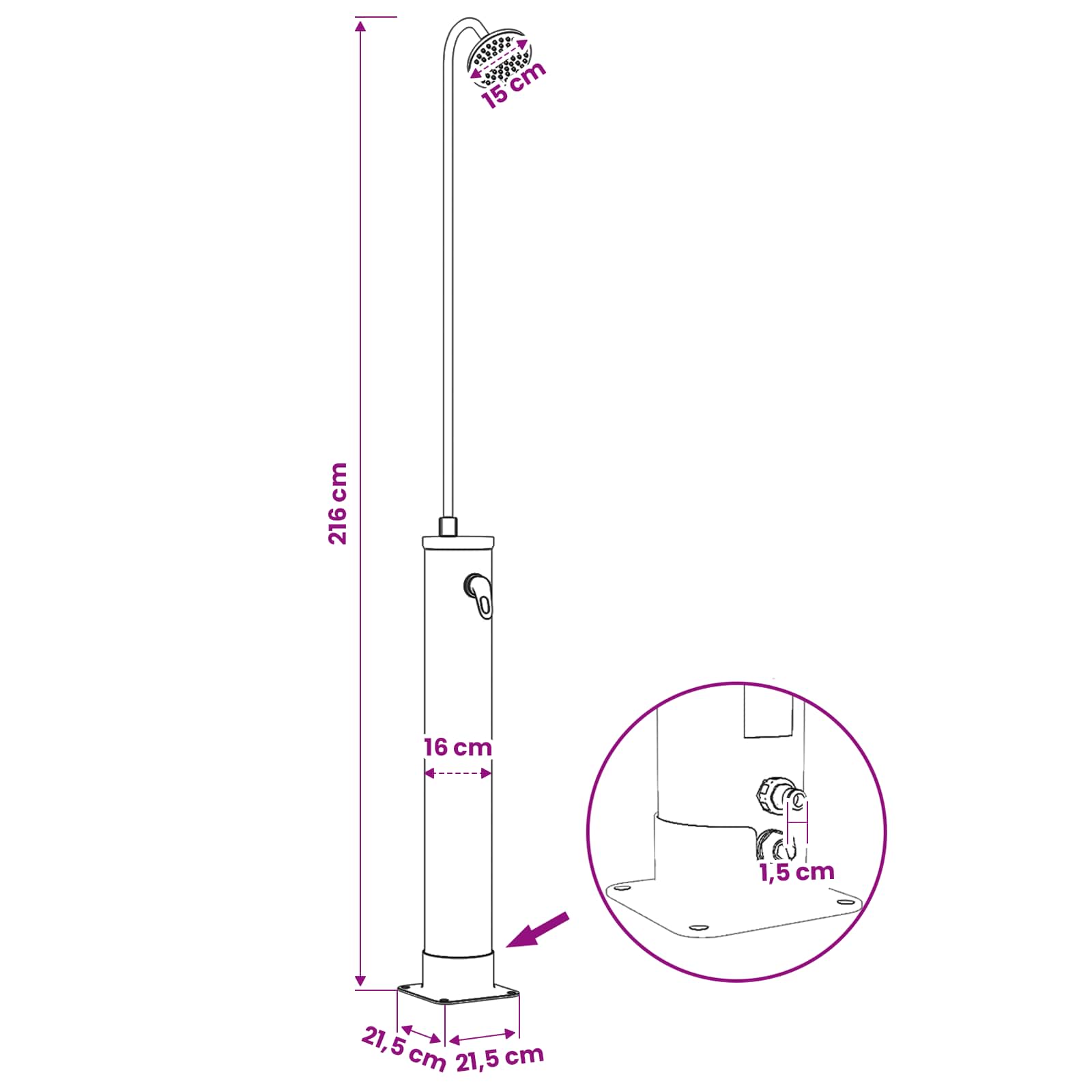Solarni tuš s tuš glavom 20 l PVC, ABS, Legirani cink Crna