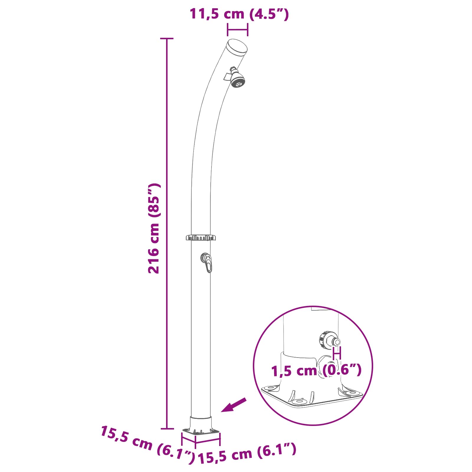 Solarni tuš s tušem glavom 20 l PVC, ABS, Legirani cink Crna