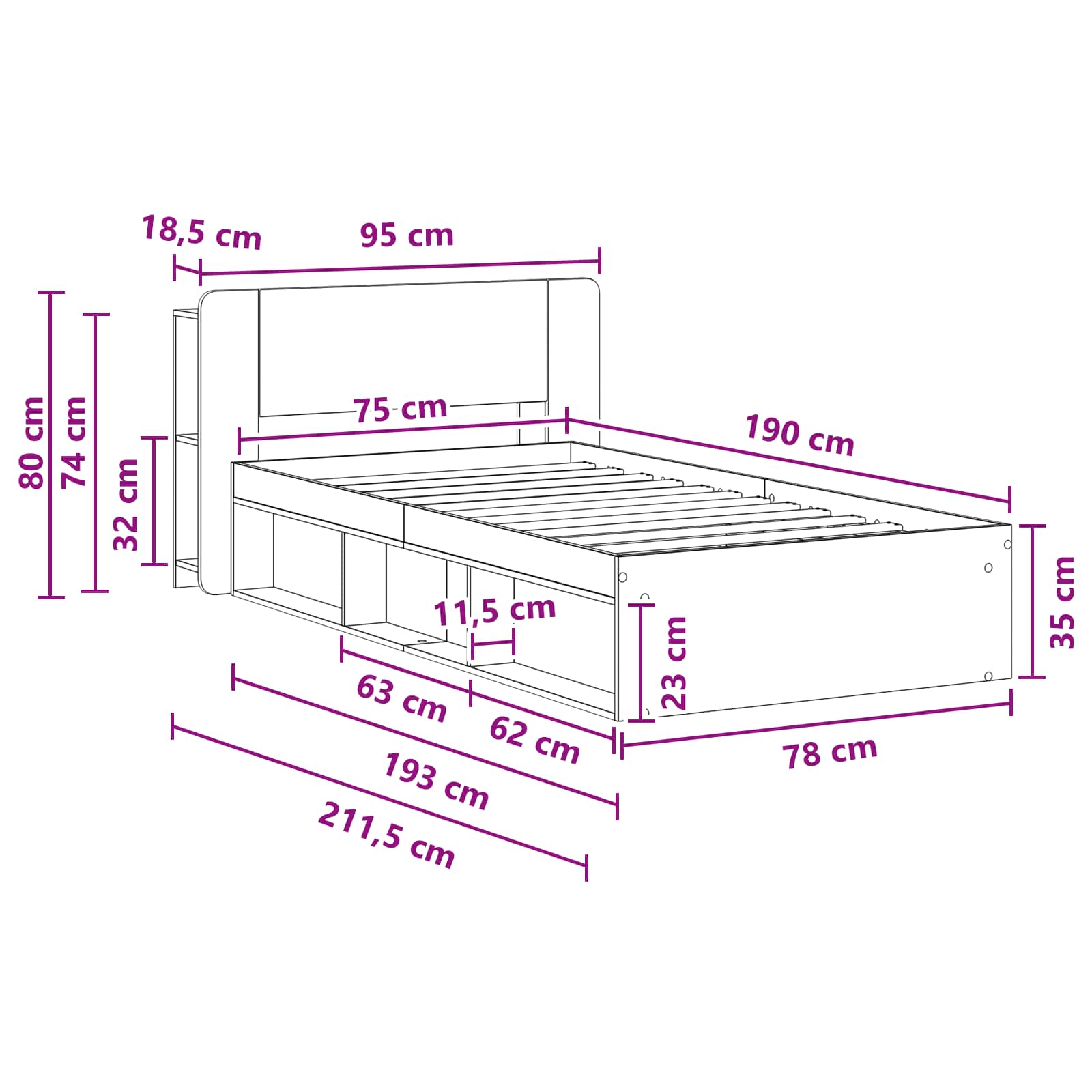 Okvir kreveta s pohranom Crna 75 x 190 cm Konstruirano drvo