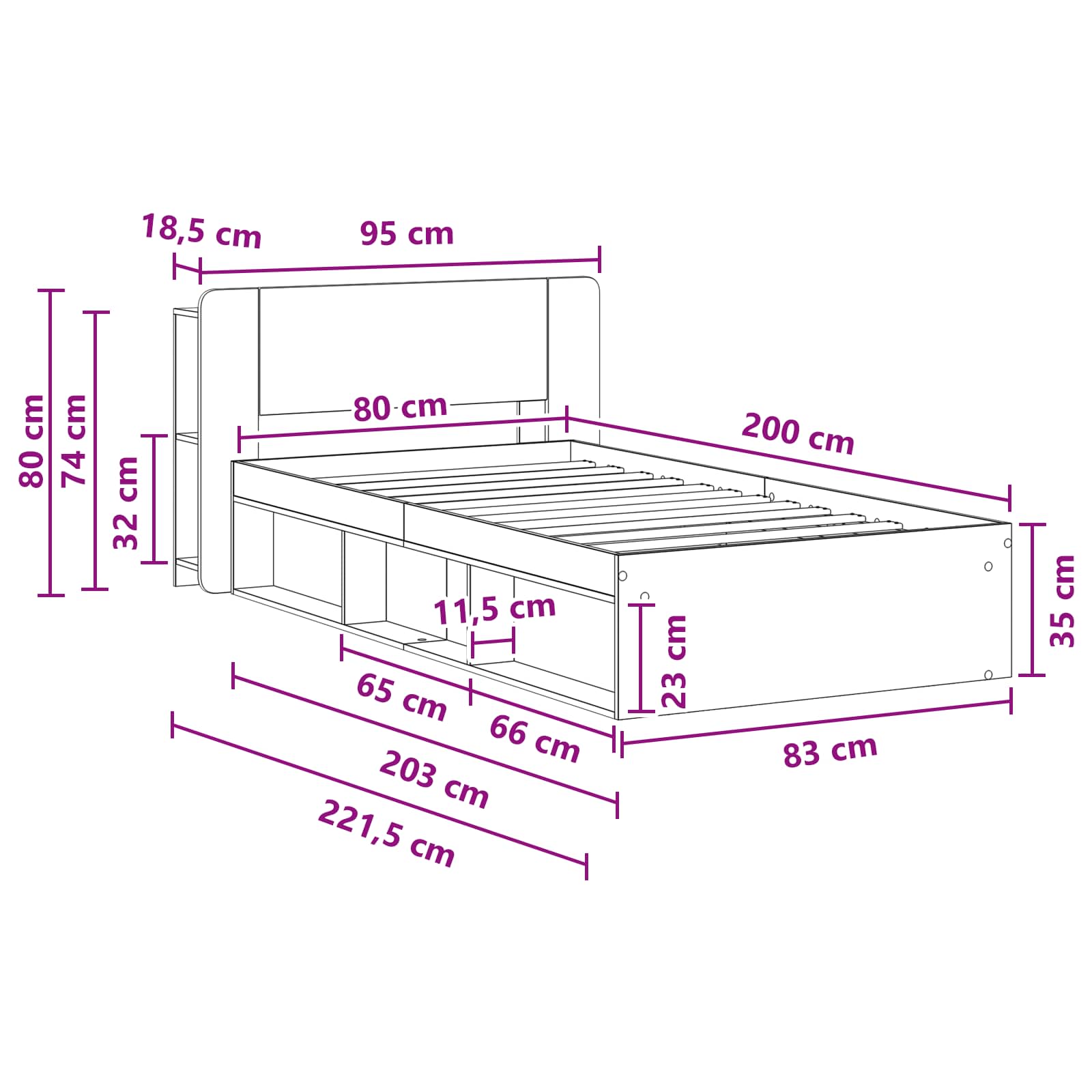 Okvir kreveta s pohranom s uzglavljem Betonska siva 80 x 200 cm